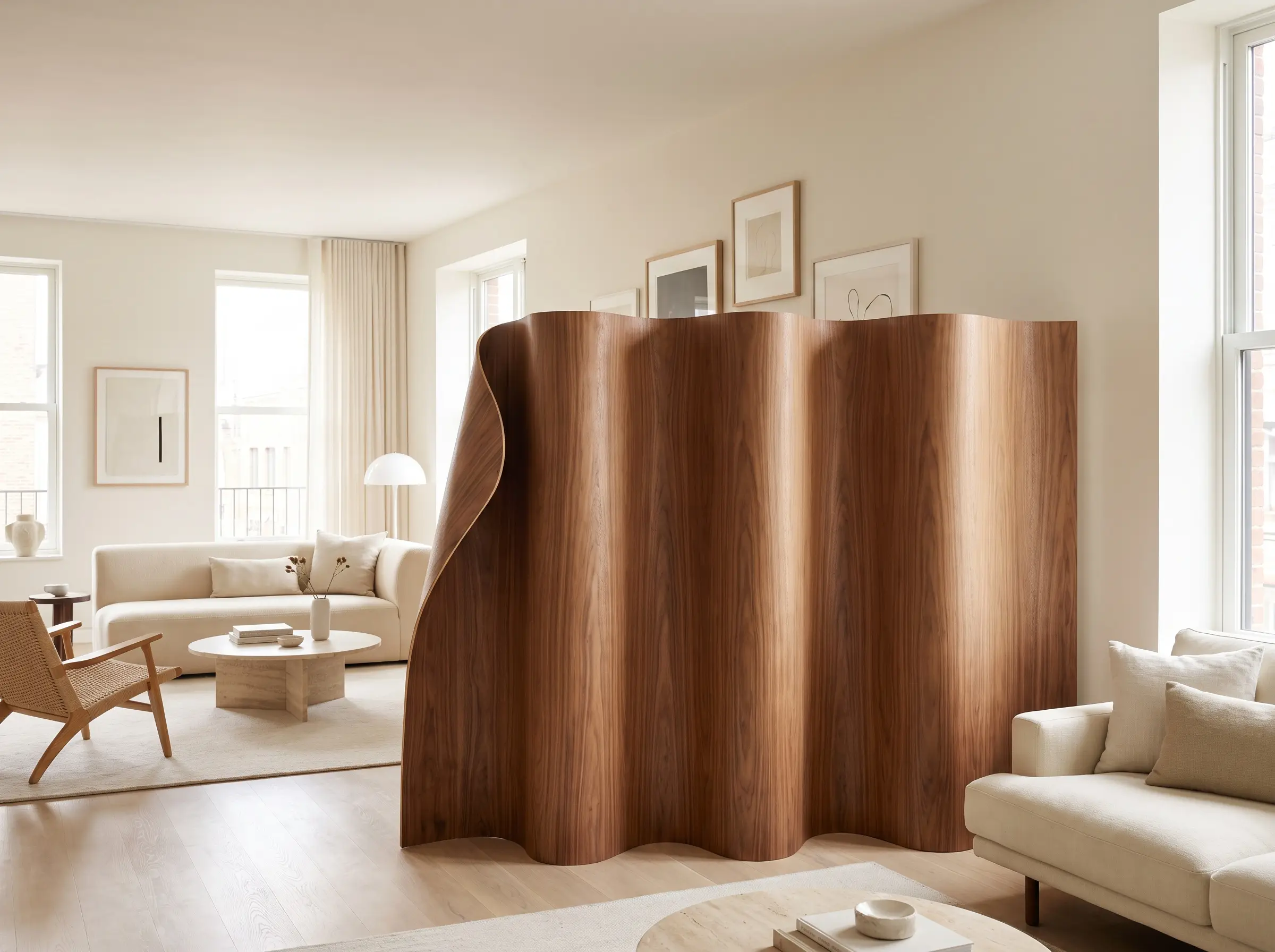 A sculptural molded walnut plywood folding screen design introduces organic wave-like movement behind sleek contemporary living room furniture against a Sherwin-Williams Alabaster gallery wall.