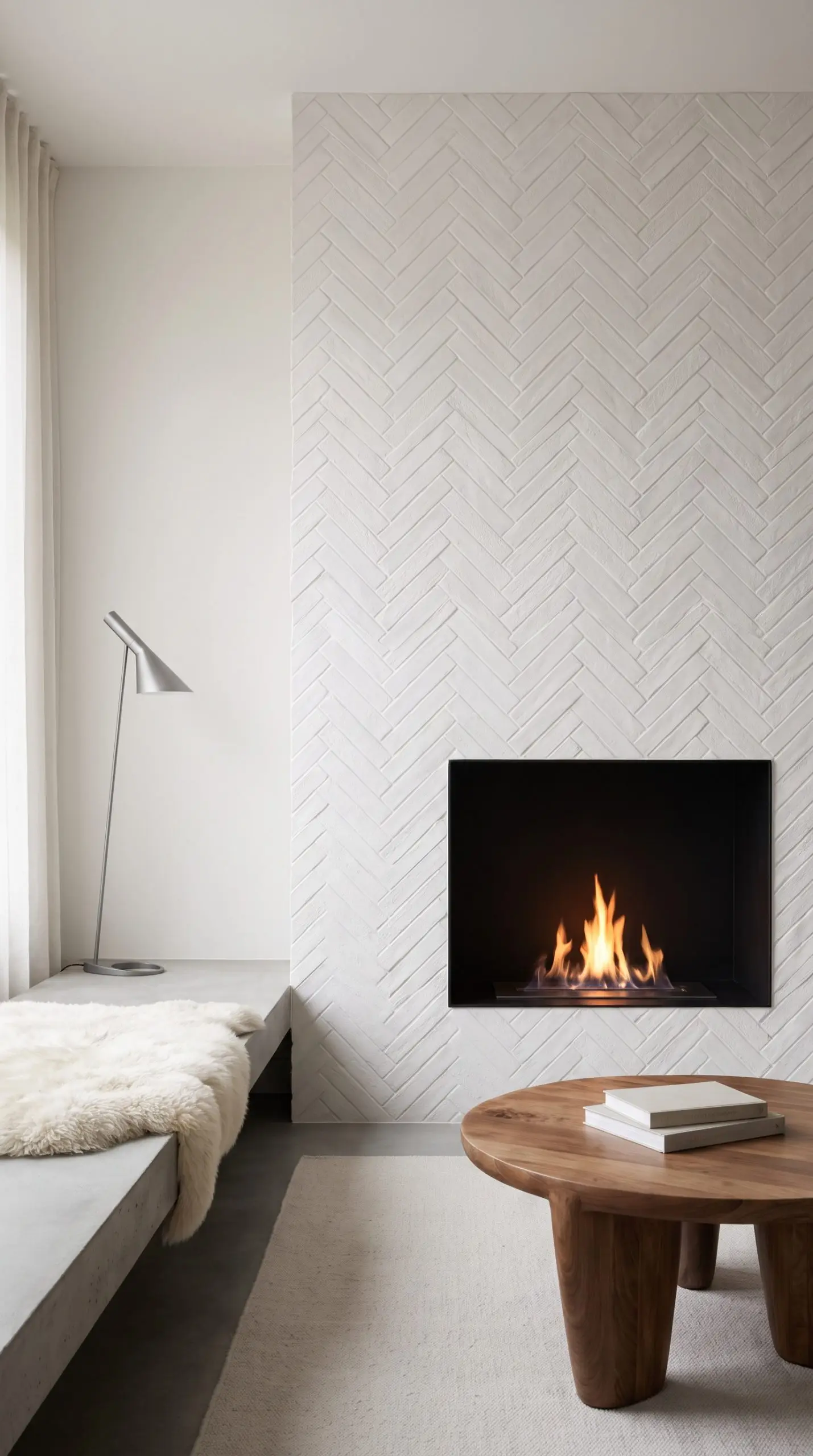 White ceramic tiles installed with exact color-matched white grout create a monolithic architectural surround around a modern firebox and sleek low-profile living room furniture.
