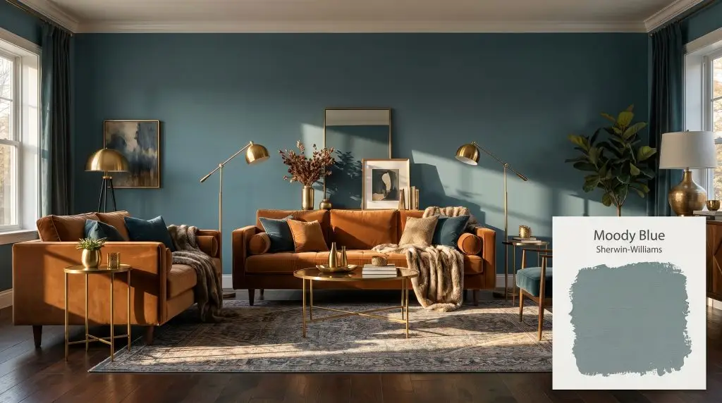 A velvet cognac sofa and brass accents stand out against a striking focal wall painted in Sherwin-Williams Moody Blue (Hex #7A9192) over dark hardwood floors.