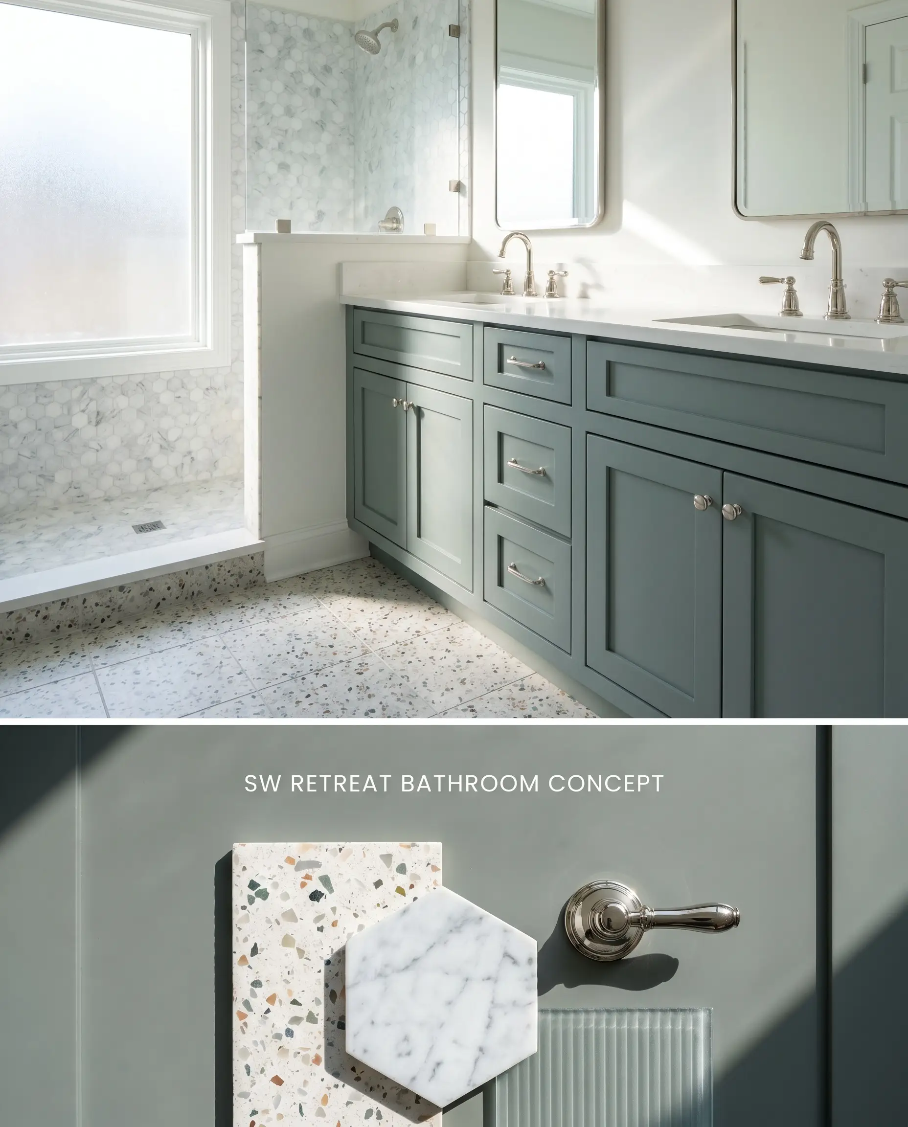 A split digital conceptual board featuring a bright bathroom with a green-gray custom vanity above, and a textured flat-lay of matte terrazzo and Carrara hexagon tiles below.