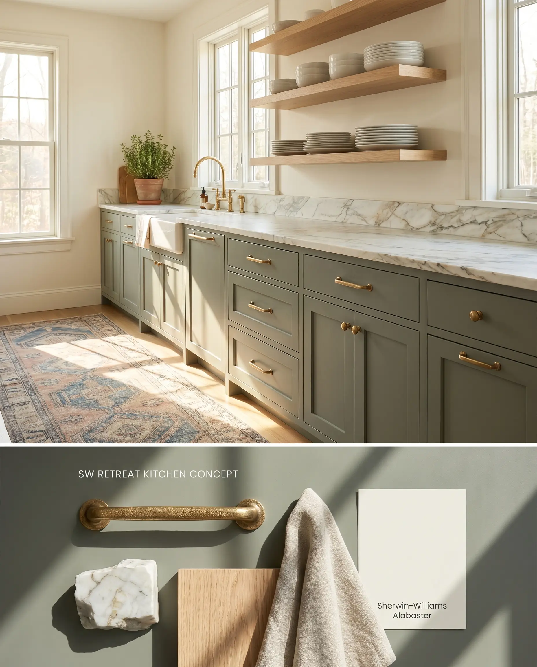 A split digital conceptual board featuring a kitchen with green-gray neutral lower cabinets on top, and a textured flat-lay of unlacquered brass, Danby marble, and white oak below.