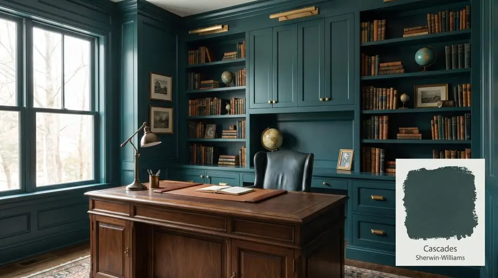 Built-in bookshelves and walls coated in deep teal Sherwin-Williams Cascades (Hex #273E3E) surround rich walnut furniture and unlacquered brass hardware.