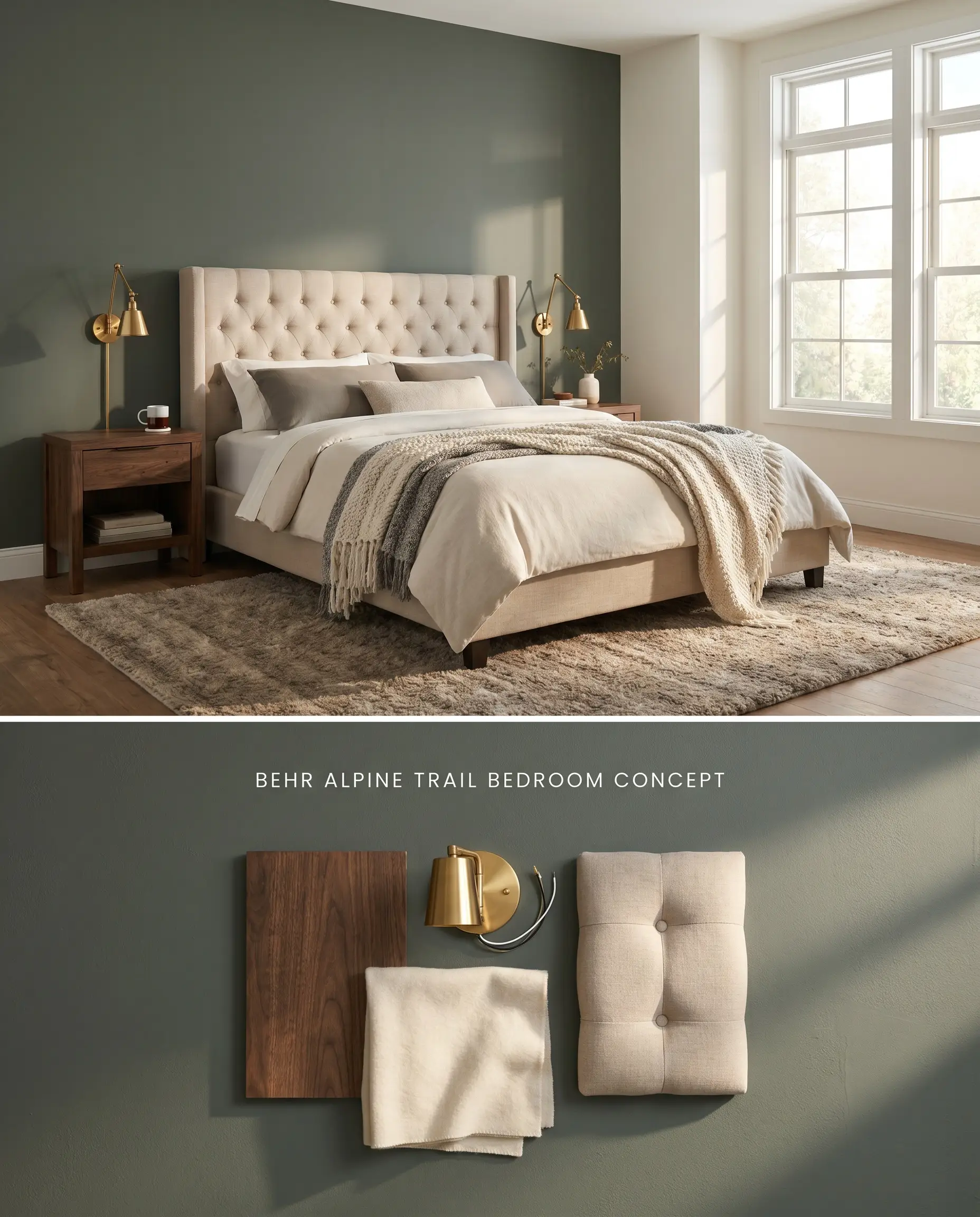 A split digital conceptual board for a master bedroom showcasing a dark gray base green accent wall, while the bottom section presents dark wood and tufted linen materials.