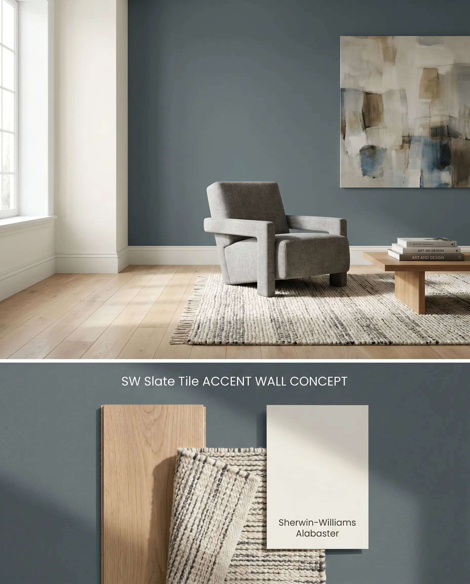 A dual-section design board featuring a living room with a moody neutral accent wall on top, paired with a white oak wood plank on the textured bottom.