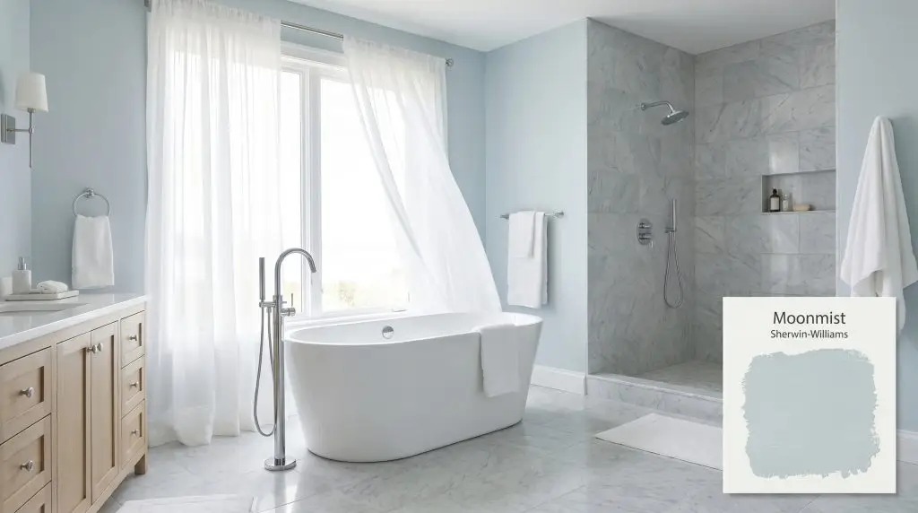Light gray marble tiling and a freestanding white tub anchor a breezy coastal bathroom featuring walls painted in Sherwin-Williams Moonmist (Hex #C9D9E0).
