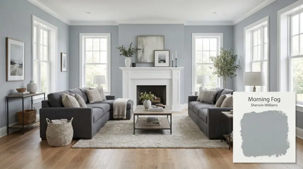 A crisp white fireplace mantel and charcoal linen sectional furnish an elegant transitional living room with walls painted in Sherwin-Williams Morning Fog (Hex #A8AEB1).