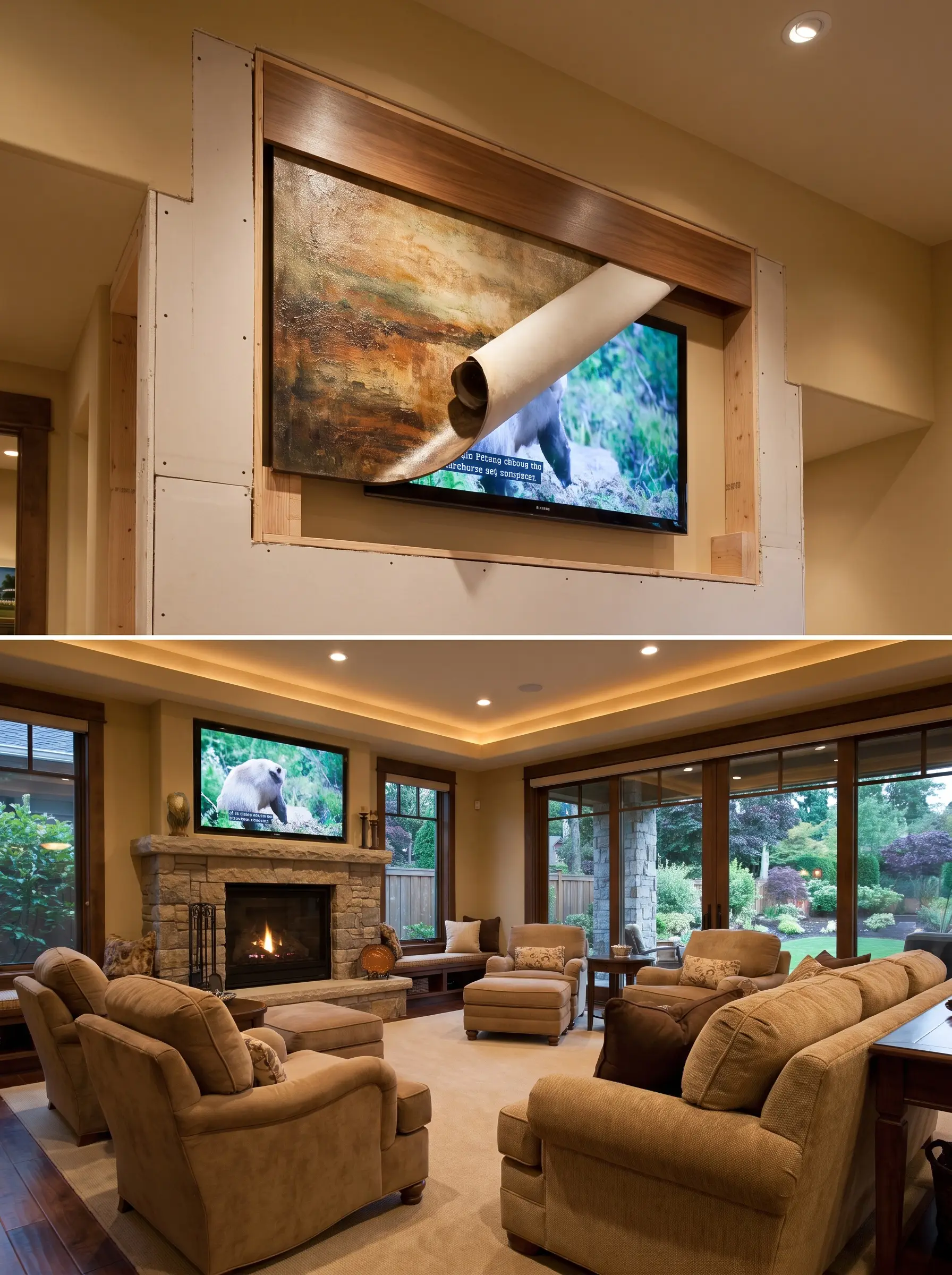 A textured piece of canvas art rolls up into a hidden architectural valance via a motorized lift, exposing a recessed television screen secured by precise drywall blocking.