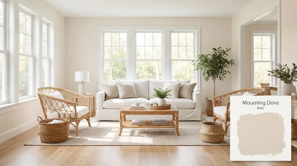 Light hardwood floors and a slipcovered white sofa define this bright, airy living room painted in Behr Mourning Dove (Hex #efe8d9).