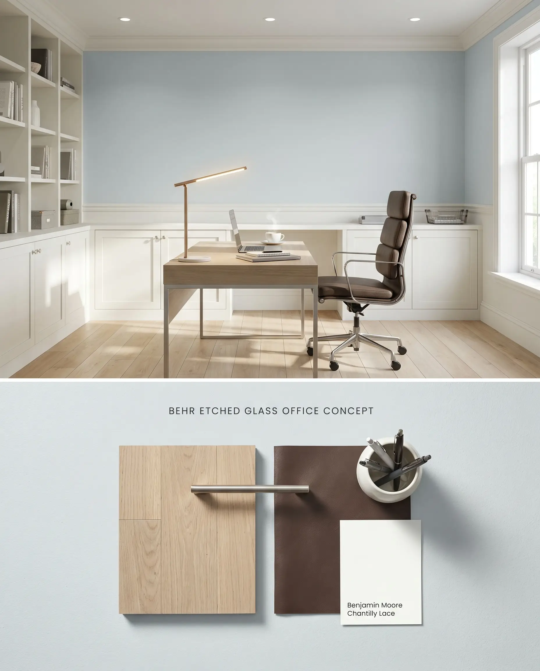 A composite digital board displaying an expansive home office in a cool neutral tone above, alongside tactile ash hardwood and leather samples below.