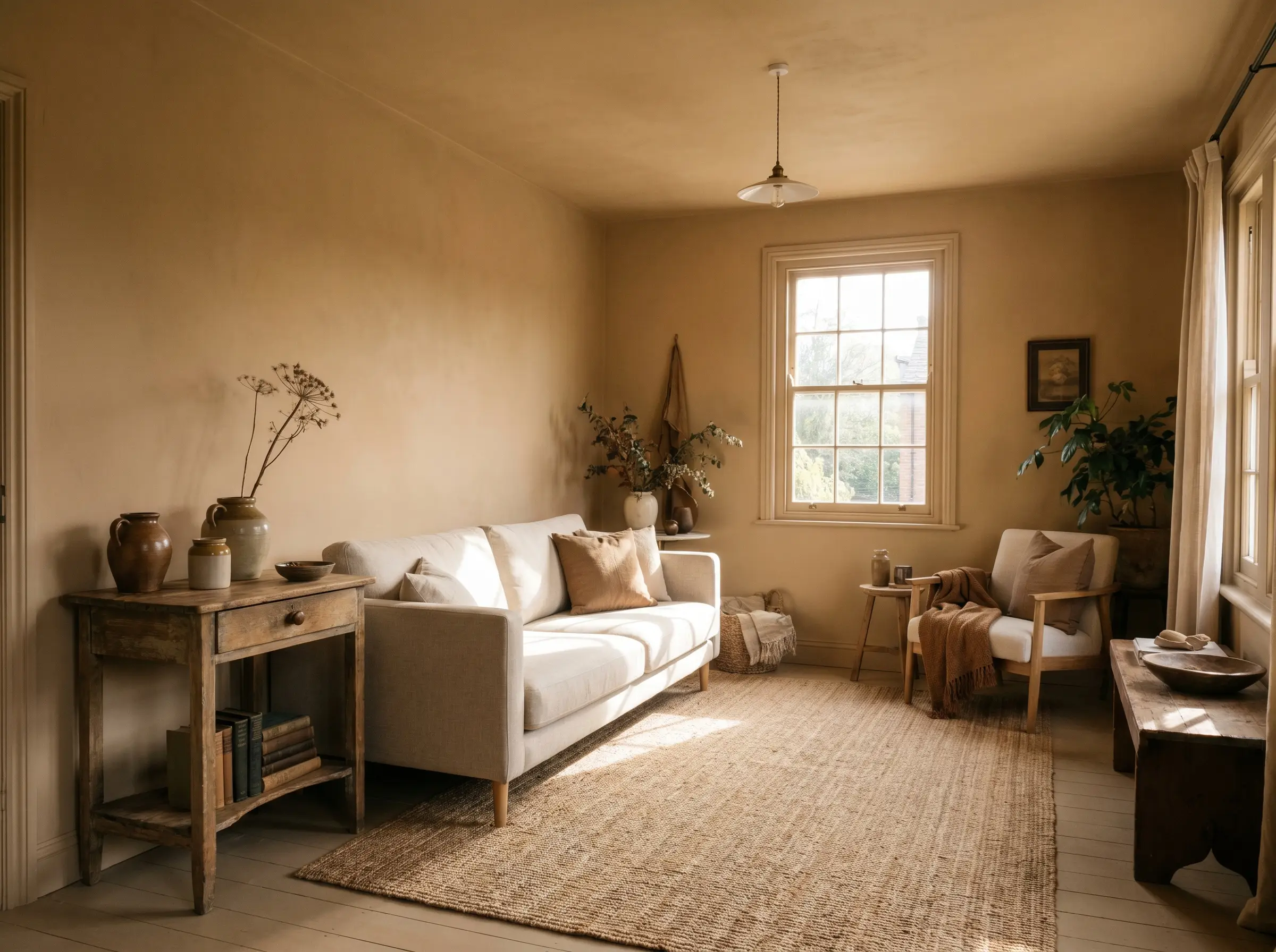A contemporary oatmeal sofa and vintage wooden side table sit on a jute rug inside a modern shabby chic living room painted in muddy neutrals.