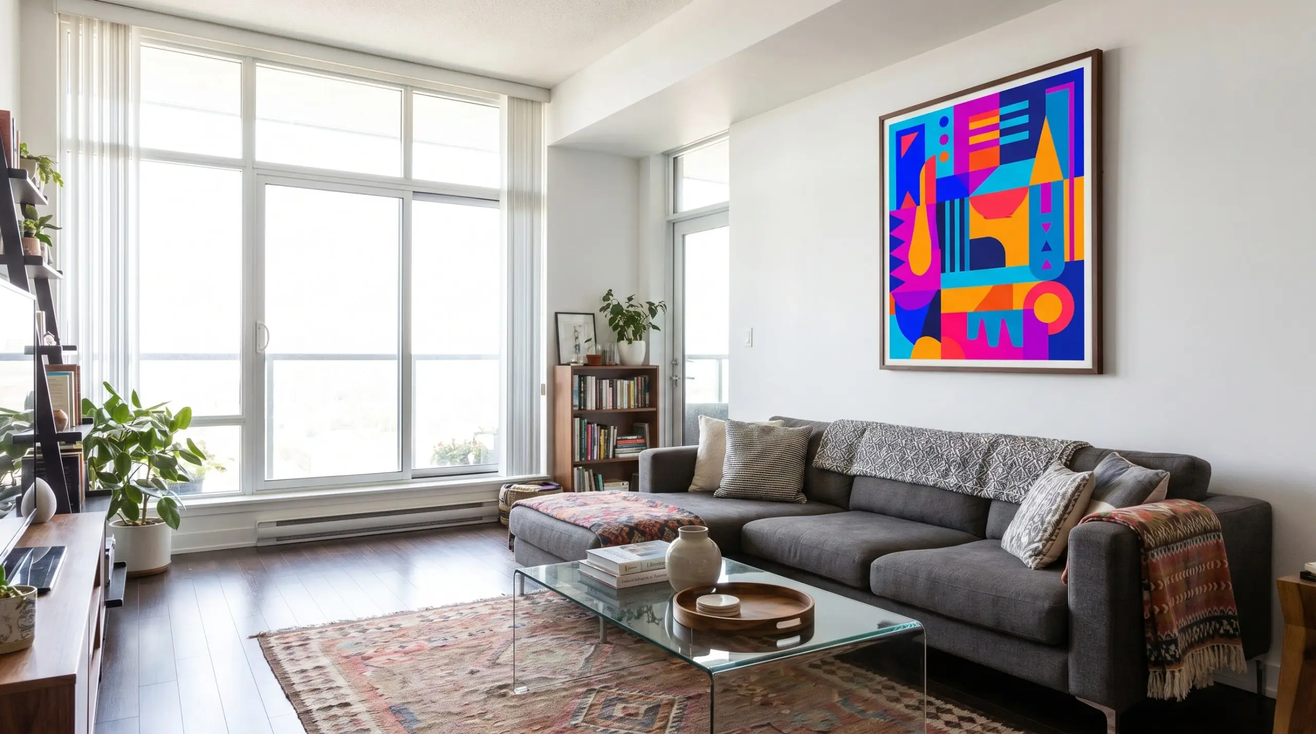 A saturated contemporary art poster framed with UV-filtering non-glare museum acrylic hangs opposite bright windows in a living space with a sectional sofa.