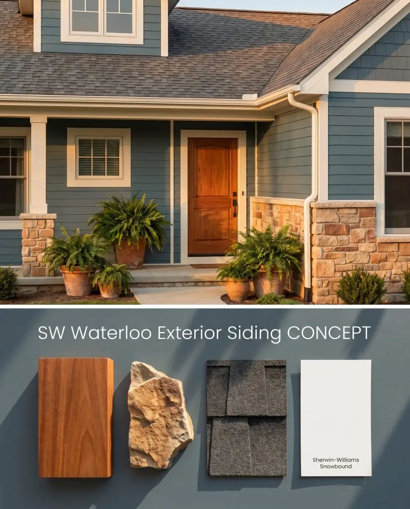 A split conceptual visualization showing SW 9141 lap siding on a house exterior above physical mahogany and warm fieldstone samples.