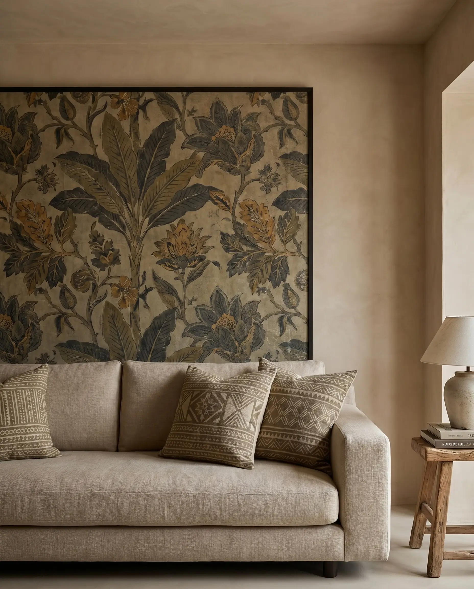 An oversized muted vintage botanical print hangs on Roman clay walls above a crisp linen sofa in a modern shabby chic living room.
