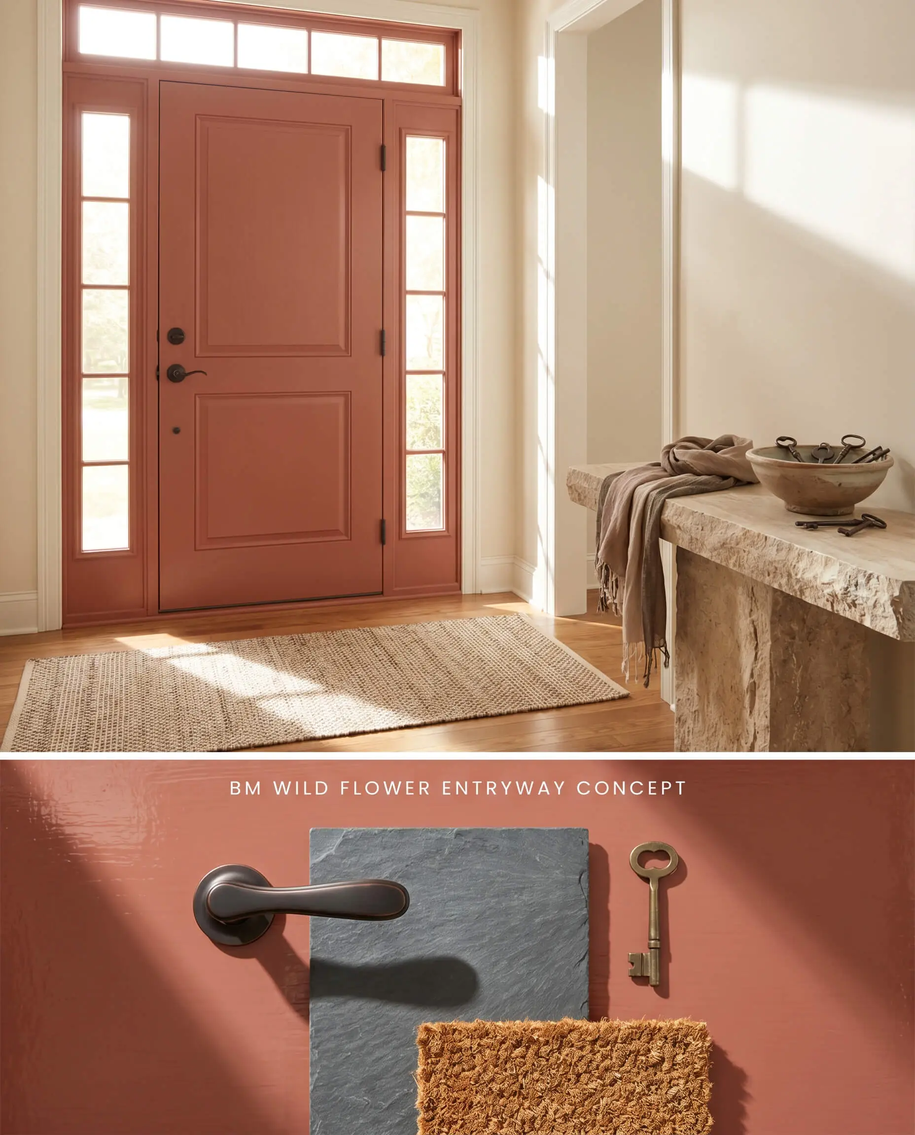 A split digital conceptual board for an entryway featuring an interior door painted in Wild Flower, above a flat-lay of oil-rubbed bronze and slate stone.