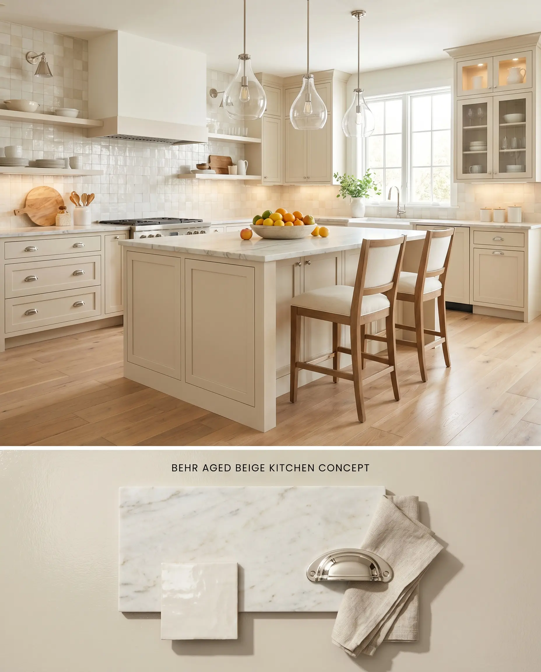 A split digital conceptual board highlighting Behr Aged Beige lower kitchen cabinets above a textured bottom section featuring honed marble, glossy zellige tile, and polished nickel.
