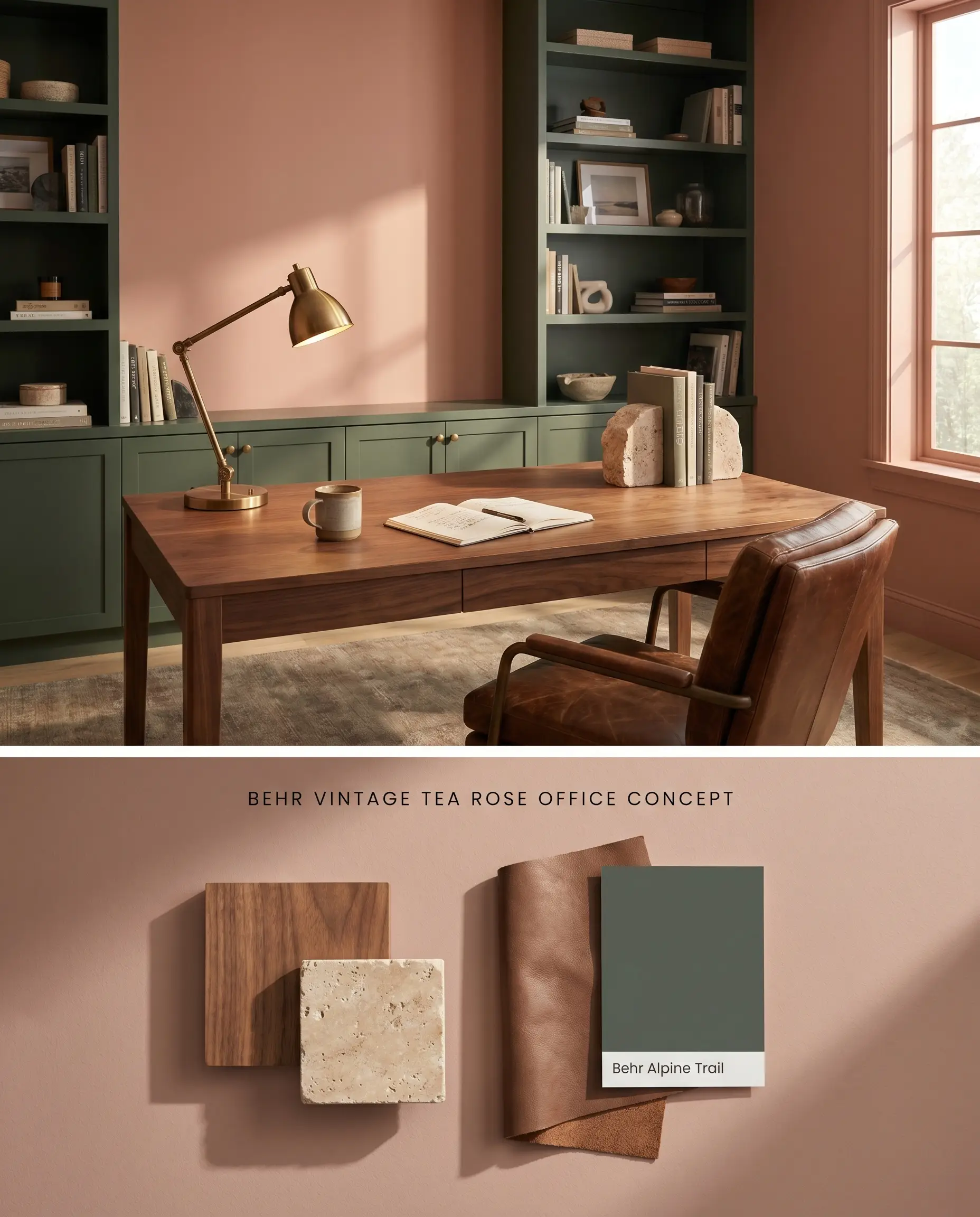 A split digital conceptual board for a sophisticated home office, displaying Behr Vintage Tea Rose walls alongside deep green shelving, above a physical flat-lay of walnut and travertine stone.