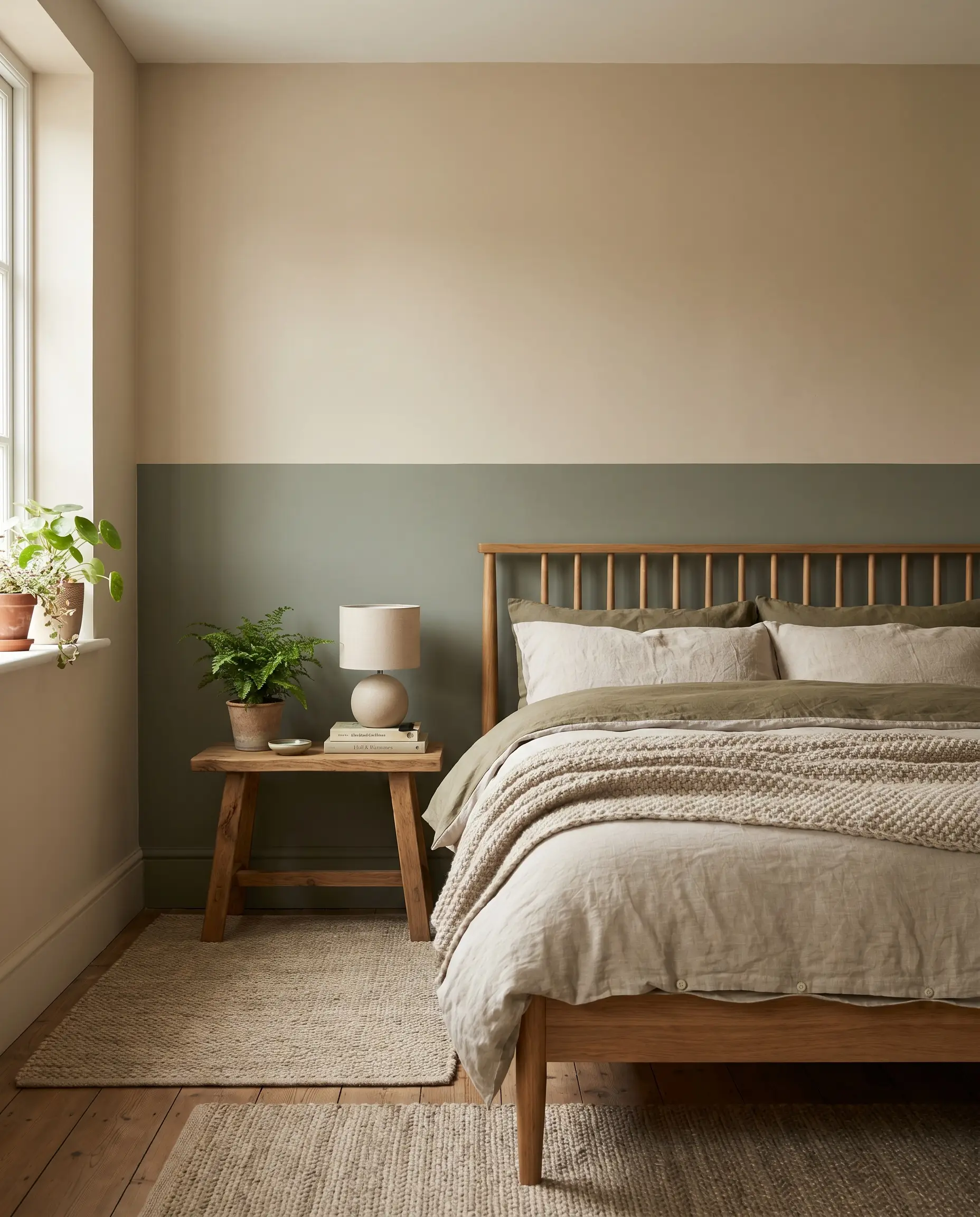 A wooden spindle bed frame with linen sheets rests against a lower third painted muted olive green transitioning into a warm greige upper wall.