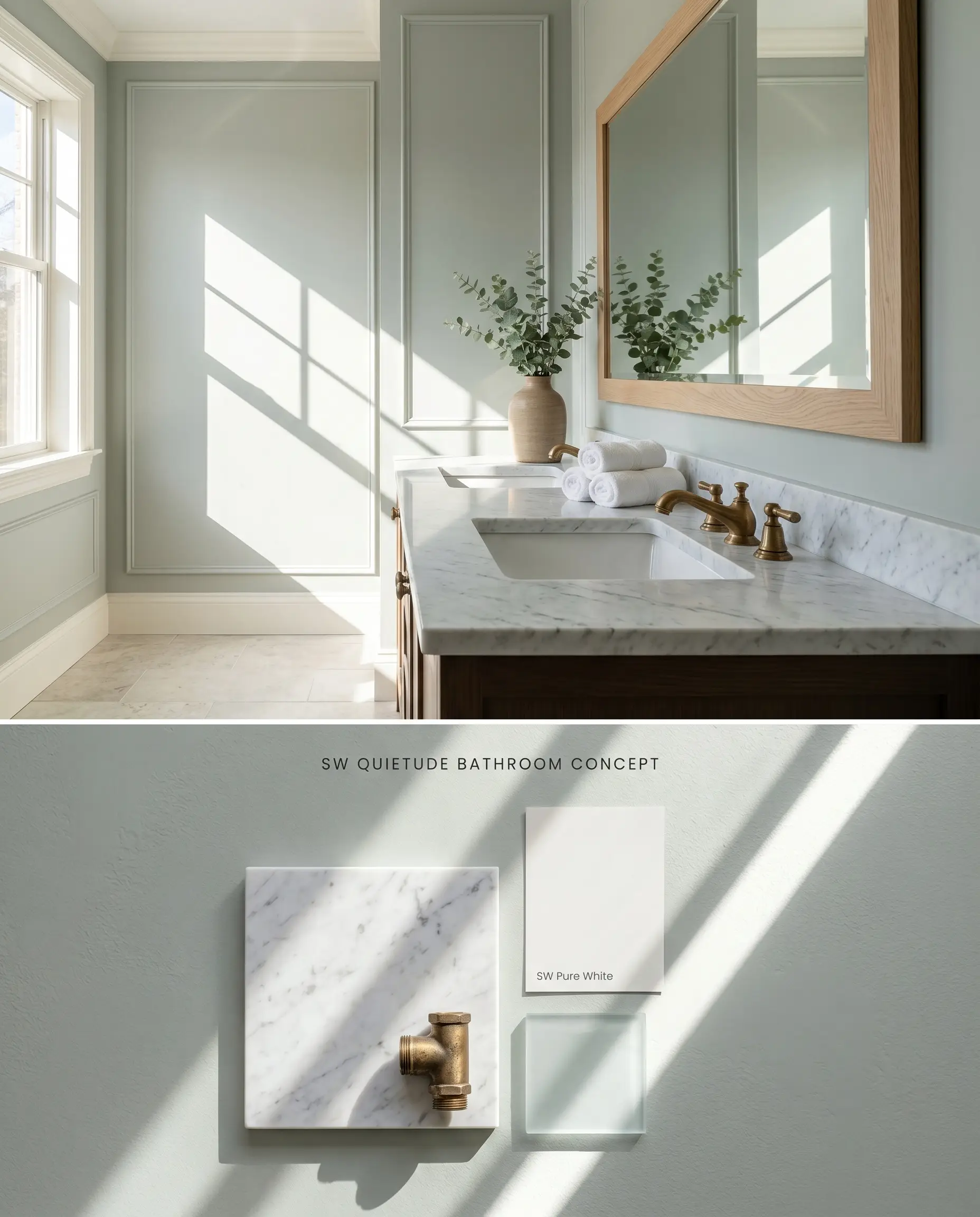 A split digital conceptual board for a spa bathroom displaying coastal teal walls and Carrara marble above a physical flat-lay of brass fixtures and SW Pure White trim.