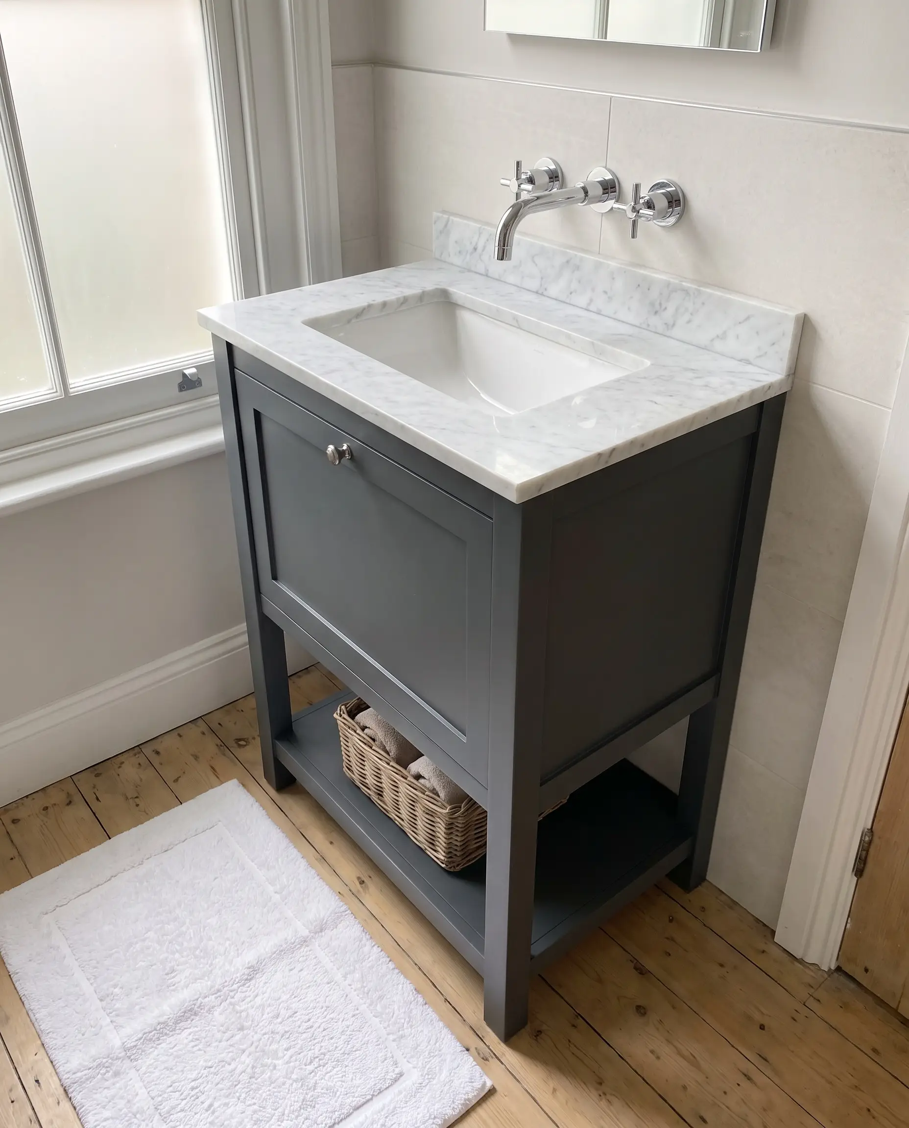 A small bathroom design utilizing an eighteen-inch matte charcoal custom vanity base with a shallow white marble countertop and wall-mounted polished chrome faucet.