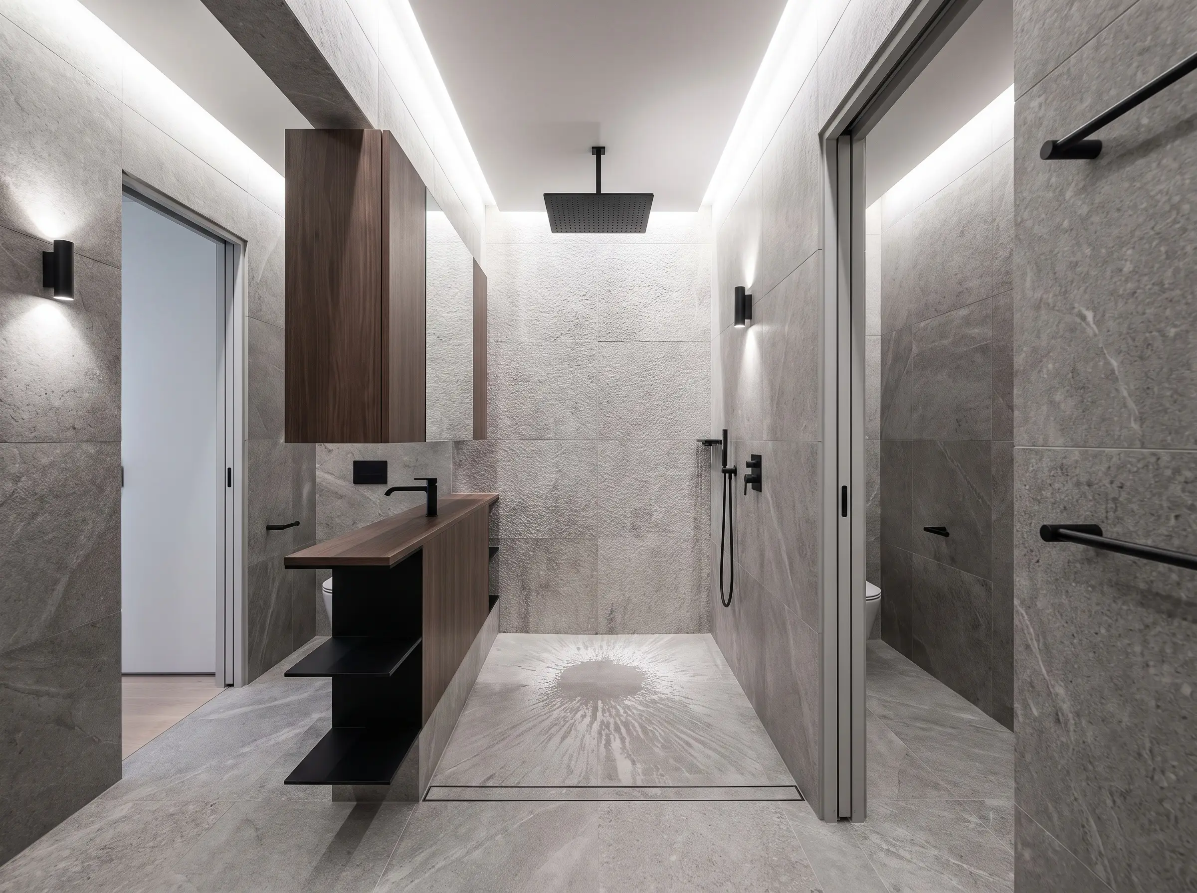 A symmetrical doorless shower layout features dual entry points flanking a central floating vanity partition, complete with light gray stone tiles and matte black fixtures.