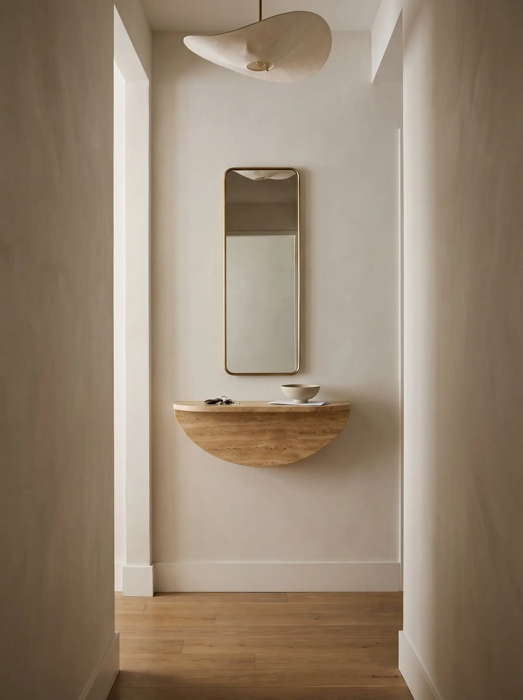 A six-inch deep wall-mounted travertine semicircle console and a narrow vertical mirror establish a functional entryway drop zone without crowding foot traffic.
