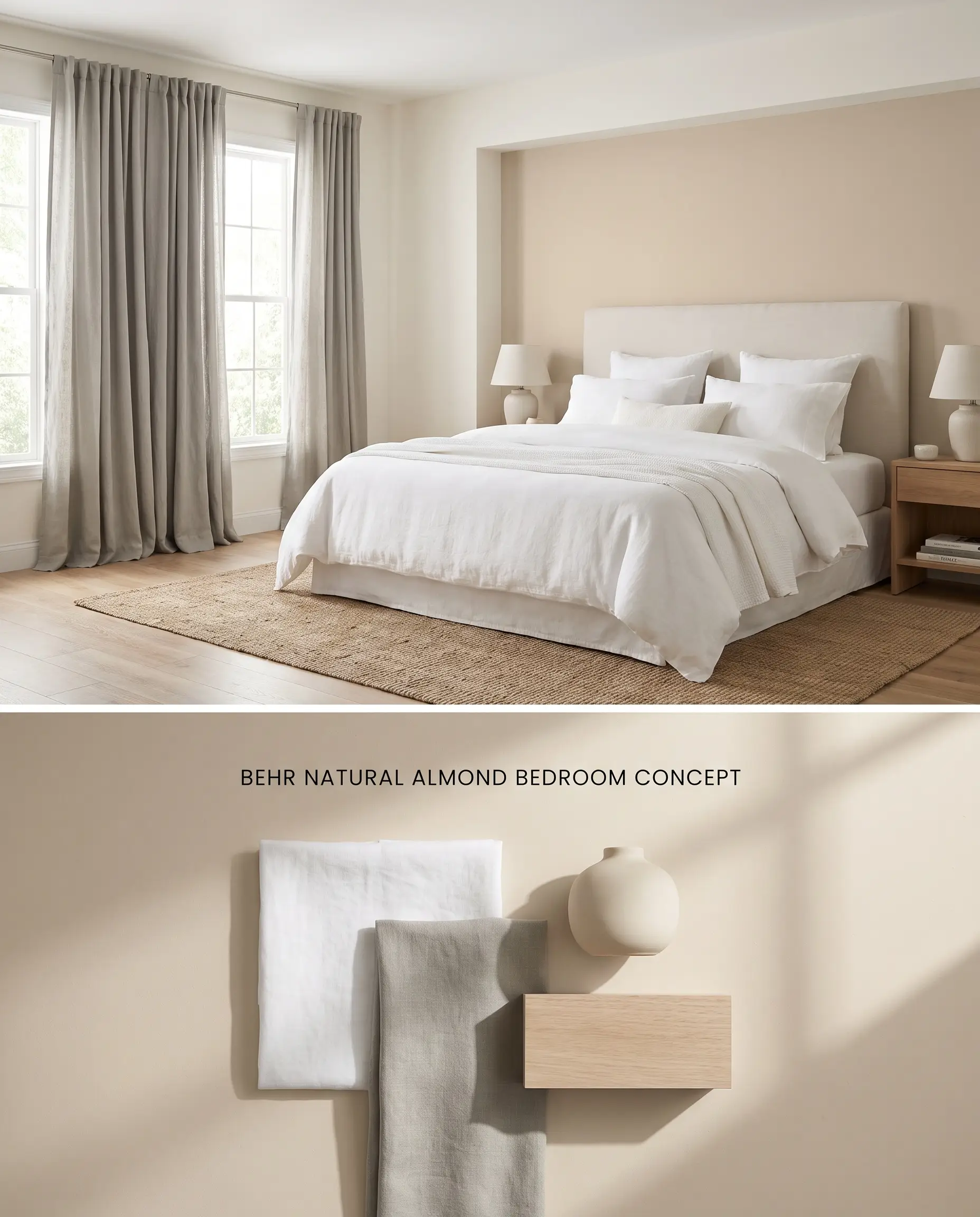 A split digital conceptual board for a relaxed bedroom featuring a Behr Natural Almond accent wall on top and a textured flat-lay with crisp white linen and greige drapery below.