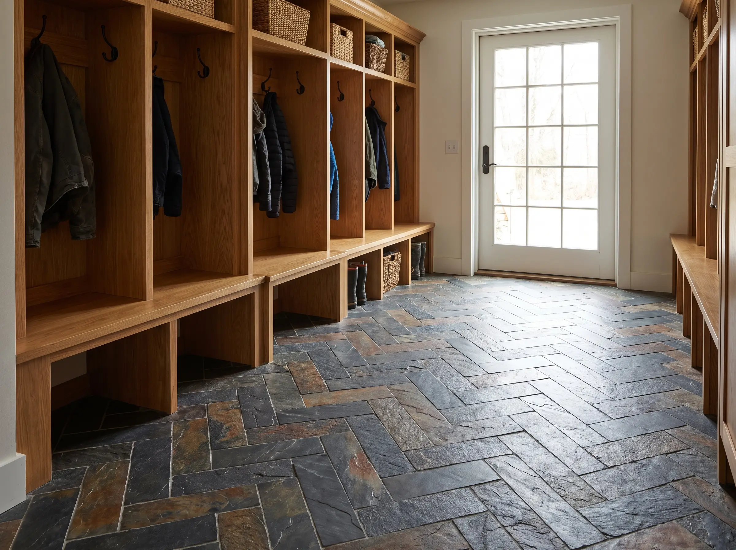 Charcoal and rust slate tile laid in a dynamic herringbone pattern contrasts with warm wood cubbies and matte black hooks.