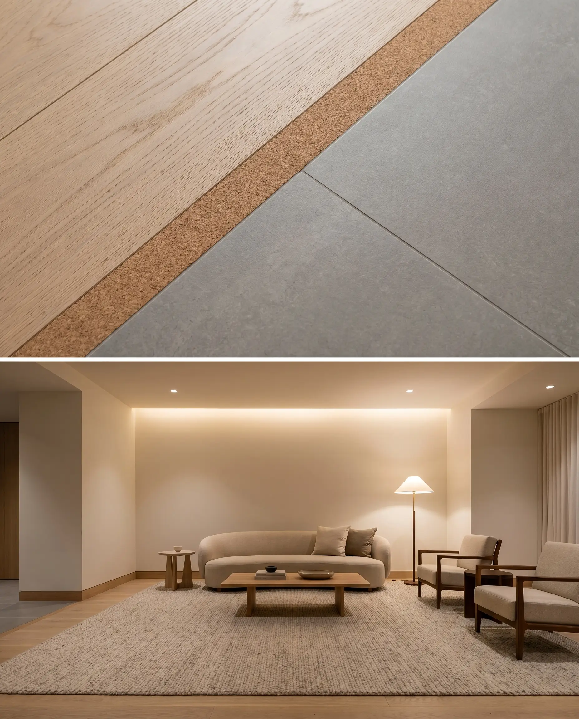 A seamless floor transition utilizes a 1/4-inch natural cork expansion strip sealed with clear polyurethane between engineered white oak hardwood and matte porcelain tile.