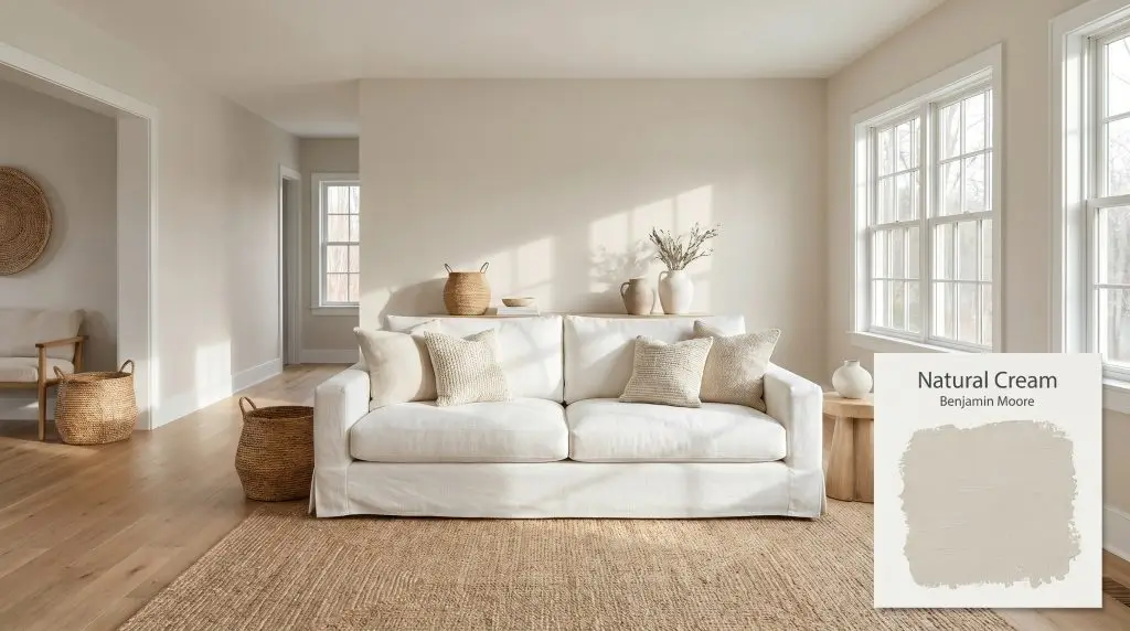 A bright living area featuring natural oak floors and a white linen sofa, framed by walls painted in Benjamin Moore Natural Cream (Hex #DAD5C6).