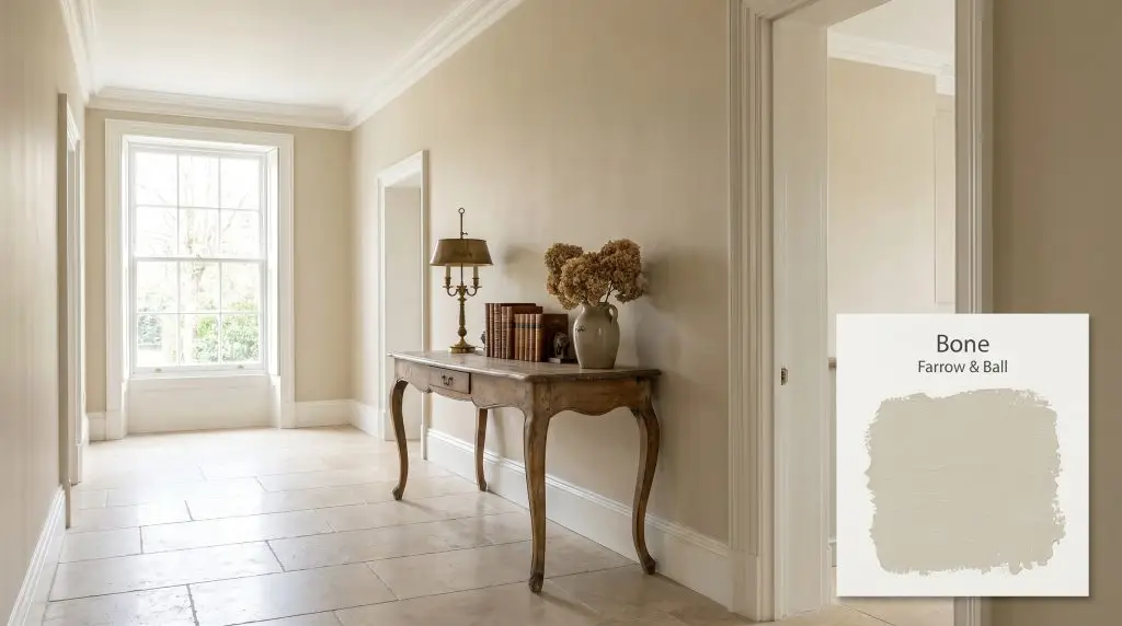 Bright natural light highlights natural limestone flooring and classic white wood trim in a traditional hallway painted in Farrow & Ball Bone (Hex #c6c0aa).