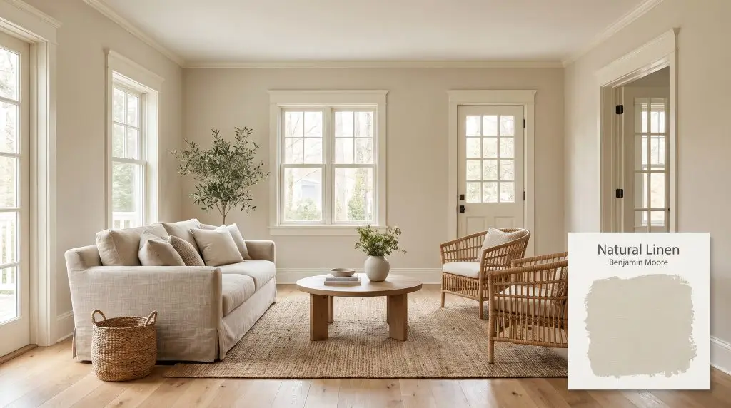 Textured linen sofas and woven rattan chairs rest on natural oak flooring alongside sandy beige walls in Benjamin Moore Natural Linen (Hex #D7CDB7).