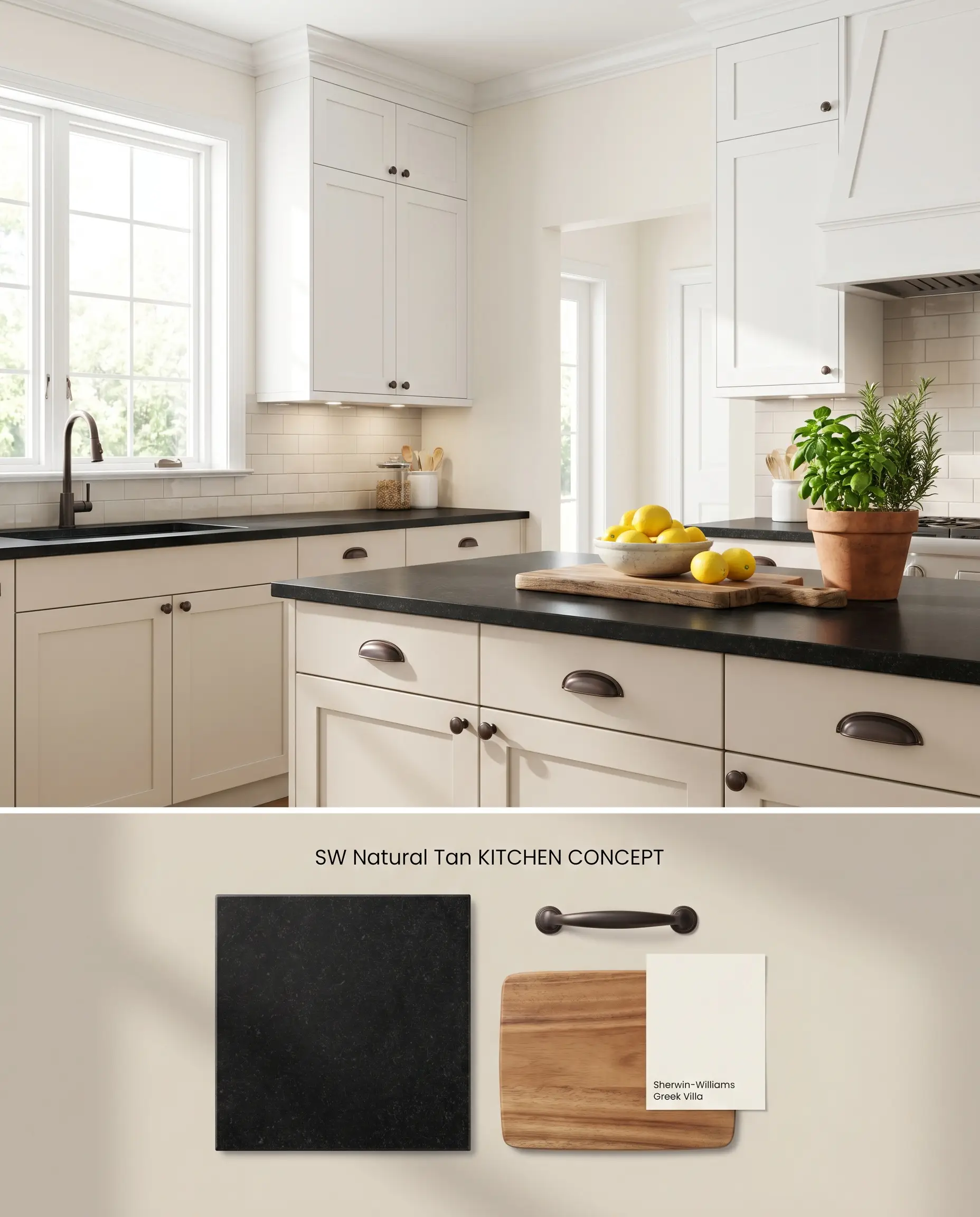 A split digital conceptual board featuring a kitchen with beige-tan lower cabinets and absolute black granite above, grounded by a flat-lay of oil-rubbed bronze hardware and wood textures below.