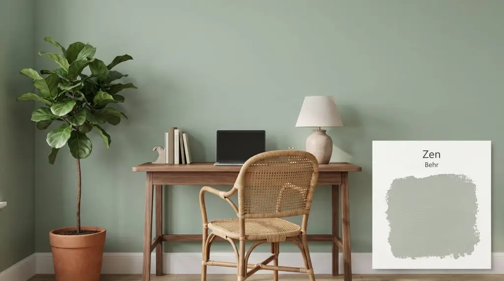 A natural walnut desk and woven rattan chair sit before a home office wall coated in Behr Zen (Hex #aabaaf) beside a fiddle leaf fig.