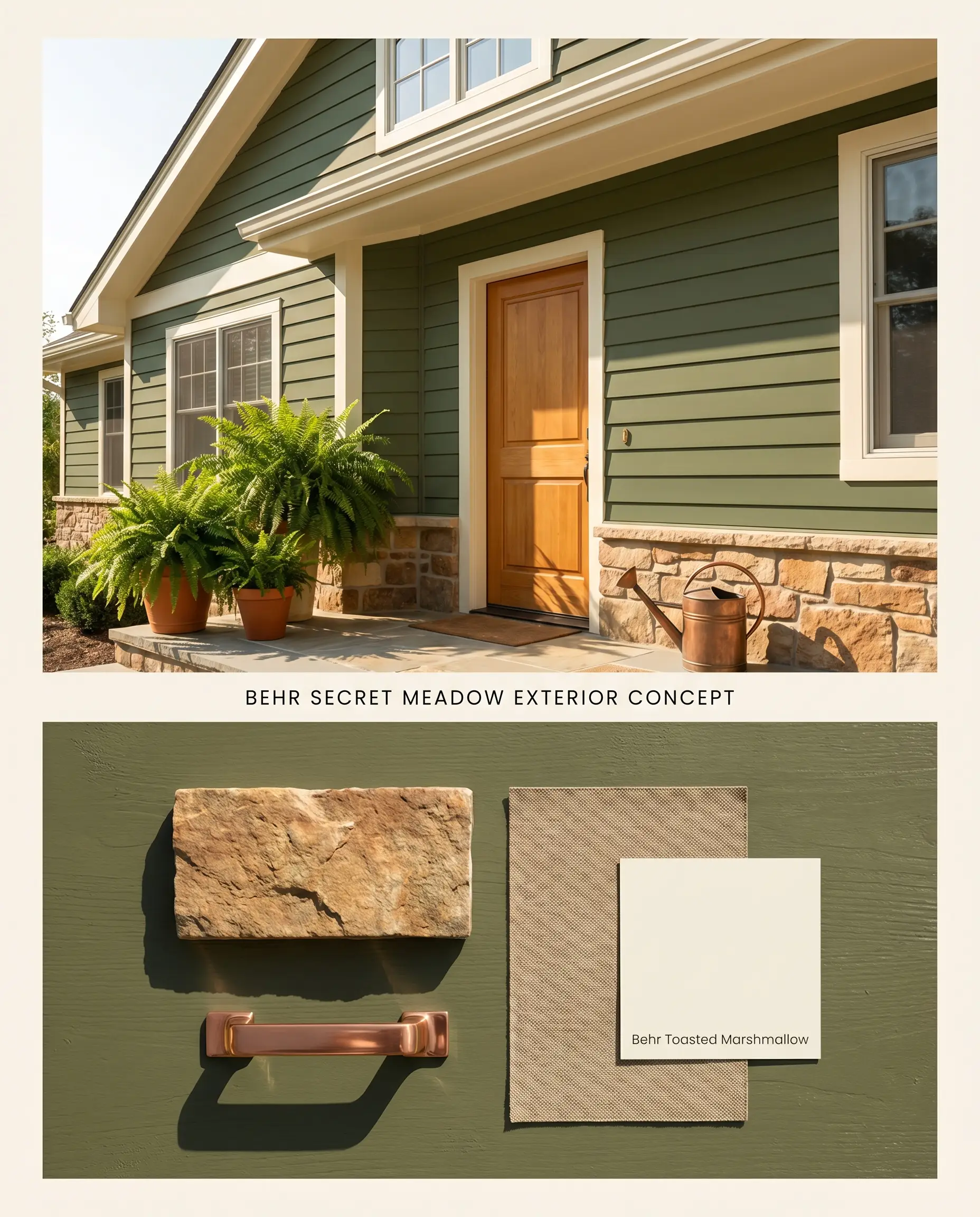 A split digital conceptual board demonstrating Behr Secret Meadow on exterior siding above a flat-lay containing warm fieldstone, copper hardware, and outdoor canvas.