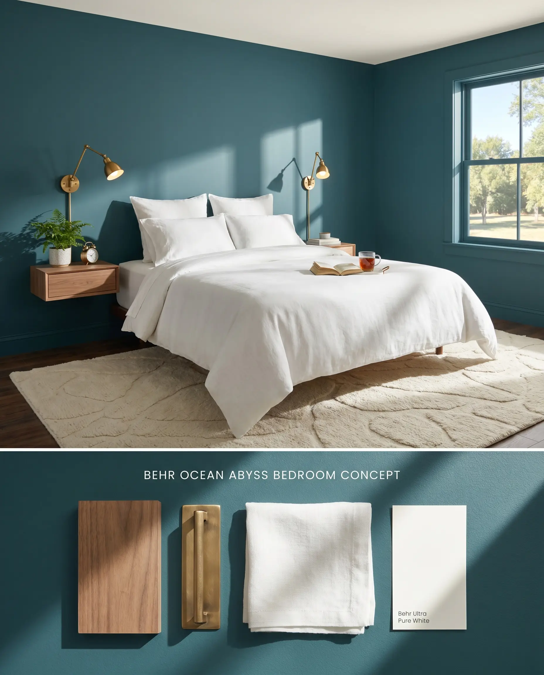 A split digital conceptual board showing a moody coastal bedroom with walnut nightstands on the top section, and physical brass and linen material swatches on the textured bottom.