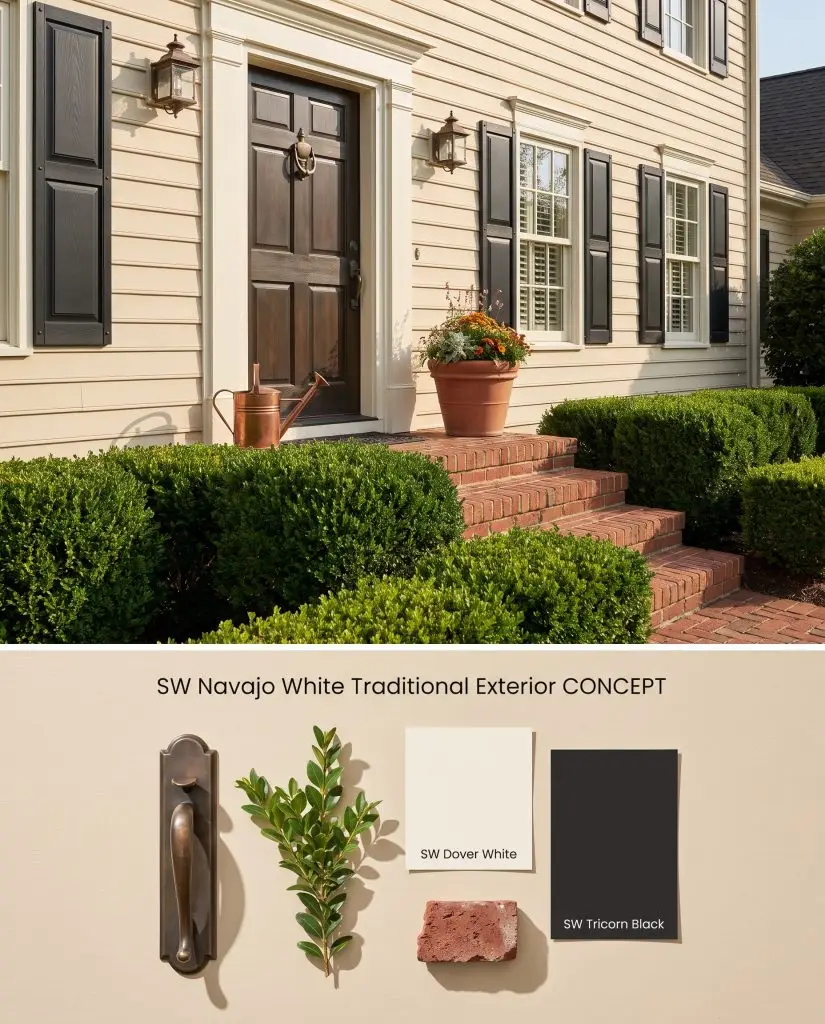 A split conceptual board showcasing a cream colonial exterior top section paired with a physical flat-lay of aged bronze hardware and boxwood sprigs.