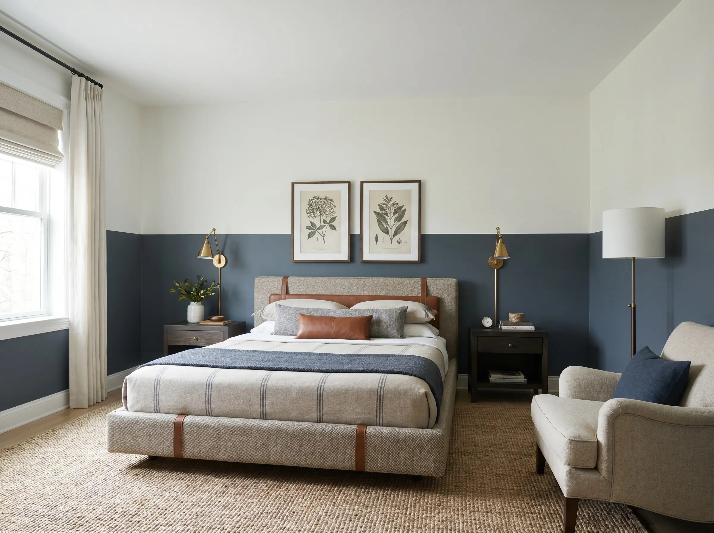 An upholstered platform bed sits against a transition line separating a navy blue lower wall and crisp white upper wall flanked by brass sconces.