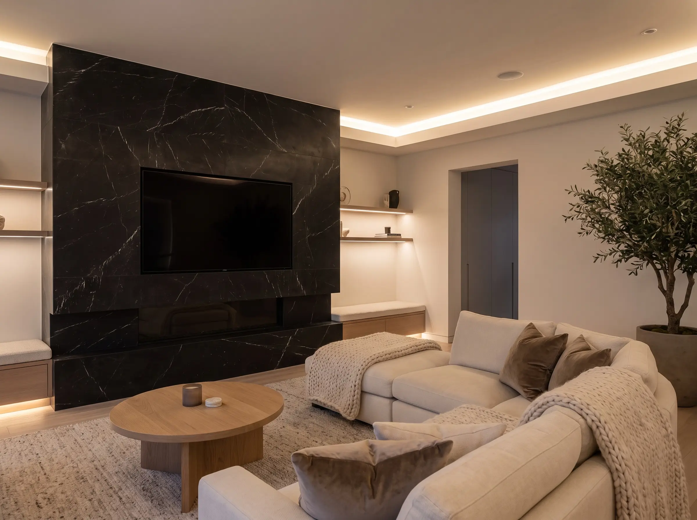 Floor-to-ceiling honed Nero Marquina marble slabs construct a monolithic fireplace surround paired with a light oak coffee table and plush contemporary textiles.