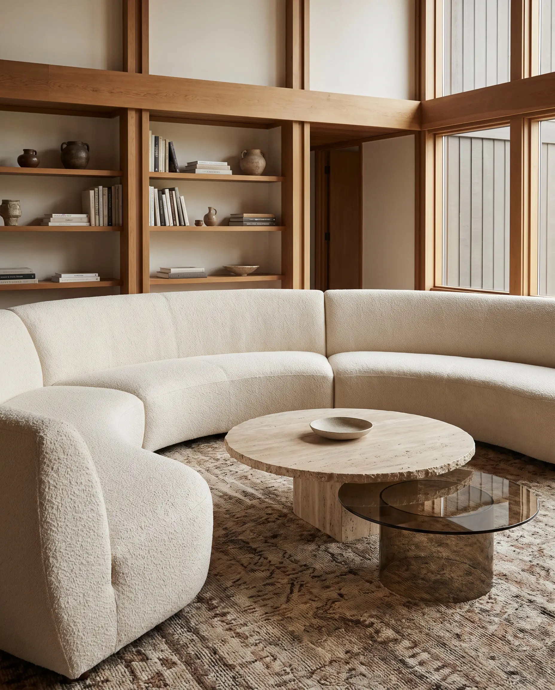 A heavy unhoned travertine round table overlaps a smoked glass round table in the negative space of a crescent sofa and textured area rug.
