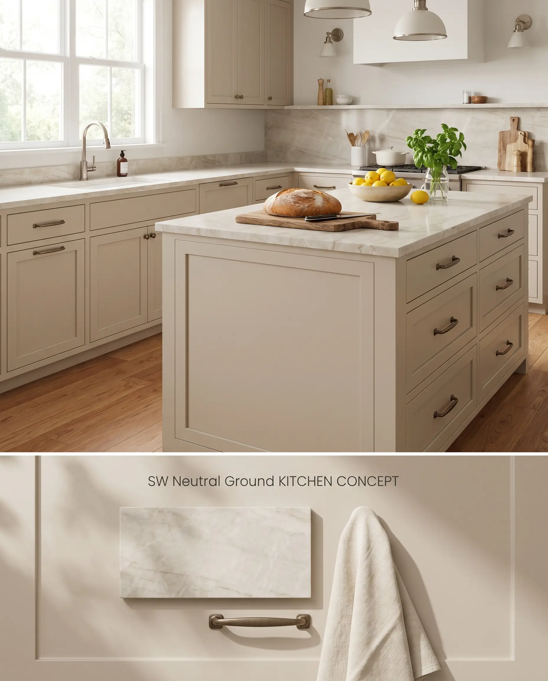 A split digital conceptual board featuring a warm beige kitchen on the top section, and a durable enamel flat-lay with bronze pulls underneath.