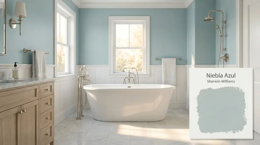 A freestanding white soaking tub and polished nickel fixtures anchor a light marble bathroom finished in Sherwin-Williams SW 9137 (Hex #B6C3C4).