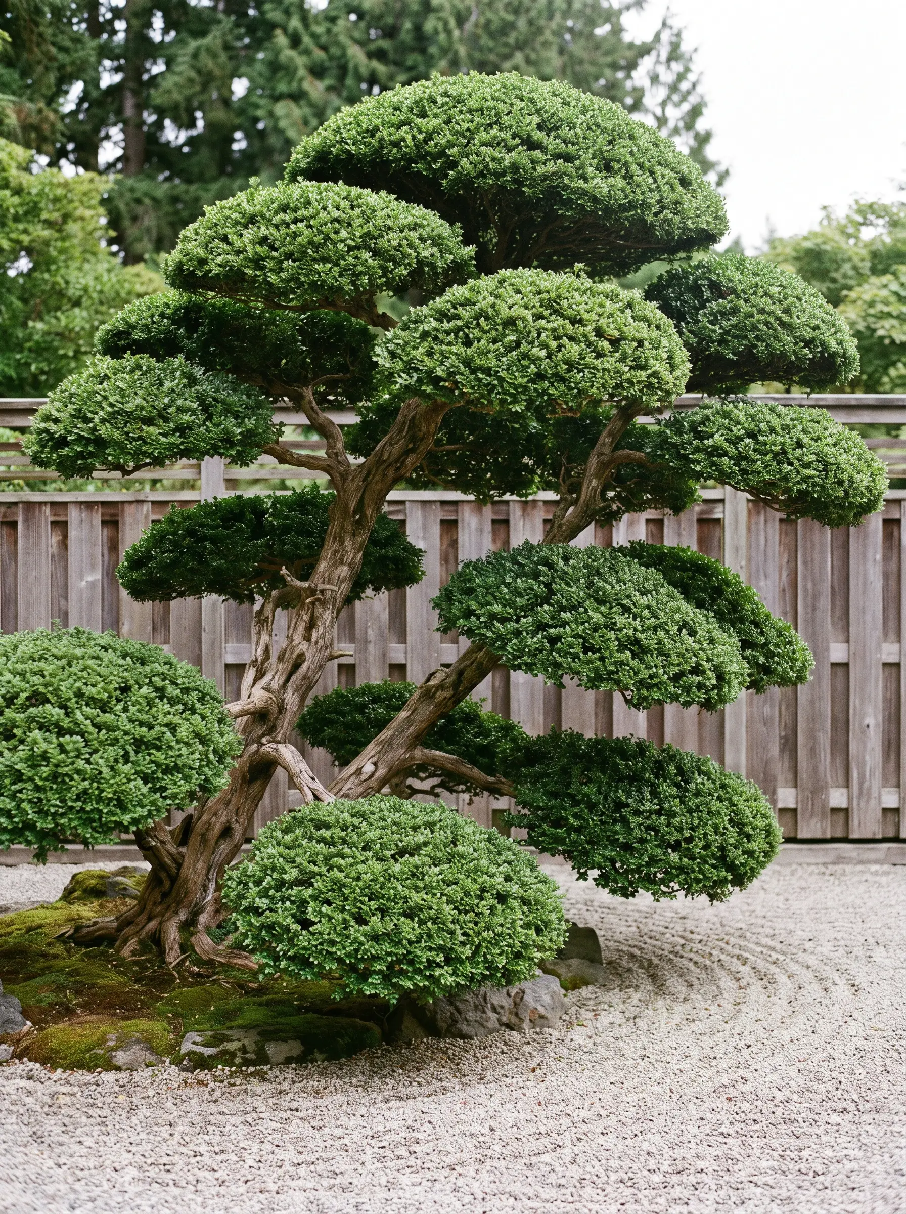 A Japanese Holly shrub shaped with Niwaki cloud pruning stands against a meticulously raked gravel bed and a subtle cedar fence.