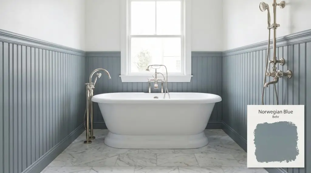 A white freestanding tub with polished nickel fixtures rests on marble floor tiles near beadboard wainscoting painted in Behr N470-5 (Hex #78888e).