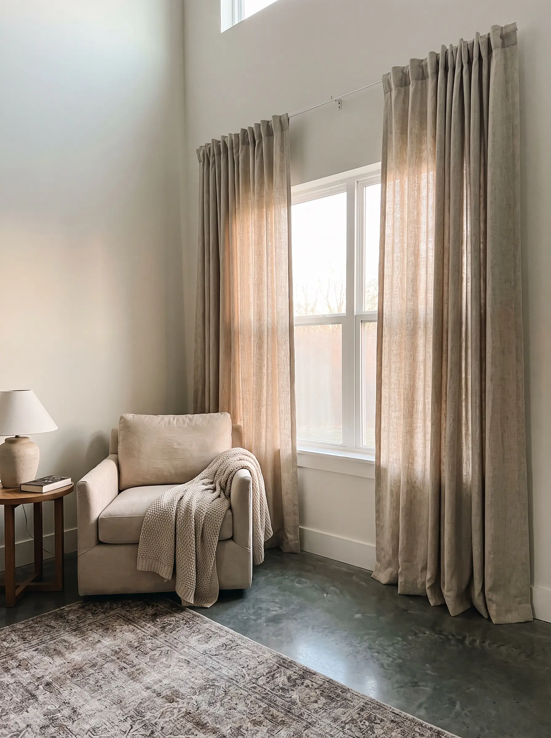 Floor-to-ceiling heavy linen drapes in an oatmeal flax color frame a standard window beside a cozy reading chair.