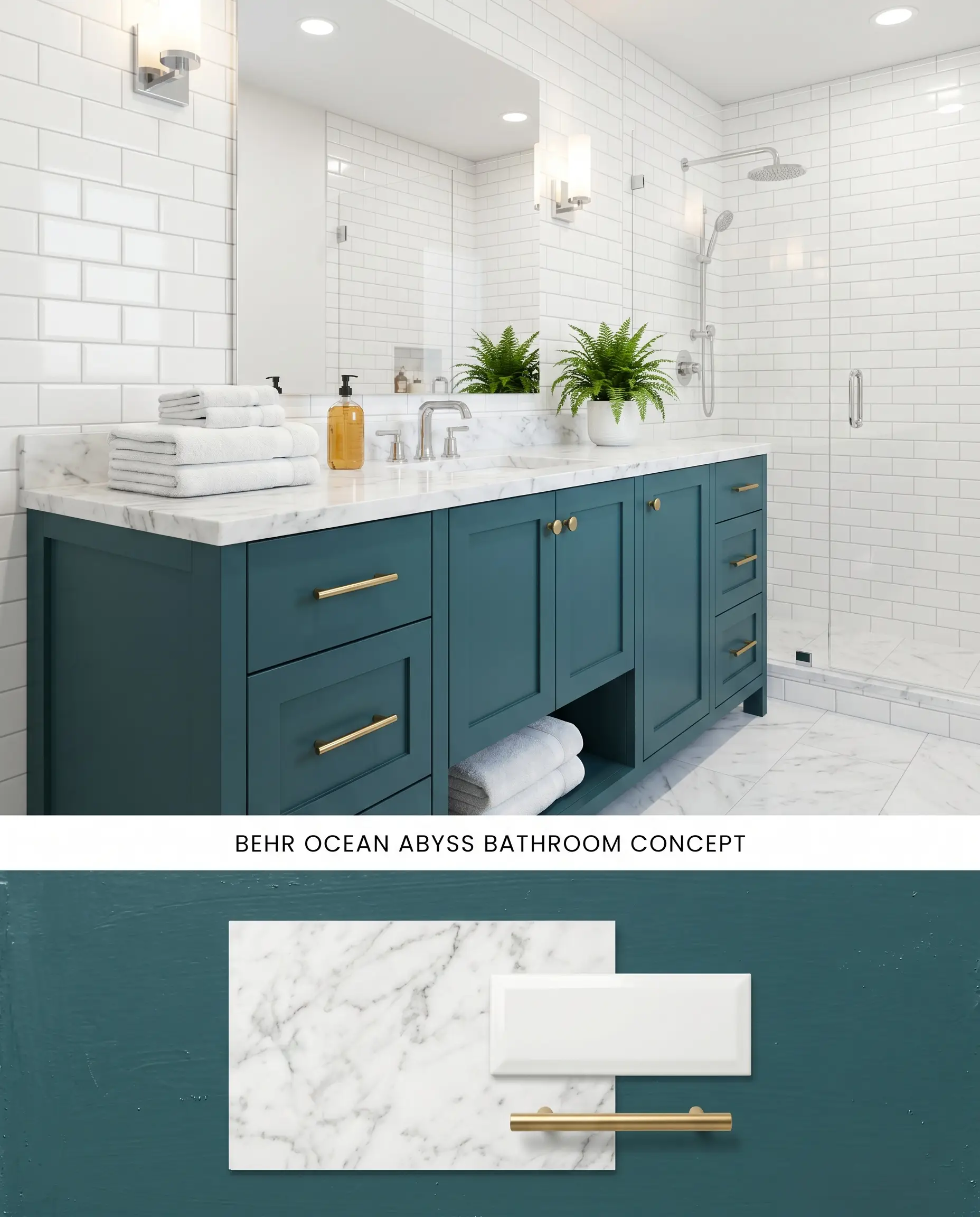 A split-layout conceptual board presenting bathroom cabinetry painted in Ocean Abyss above, contrasted against Carrara marble and glossy white subway tiles on the textured bottom.