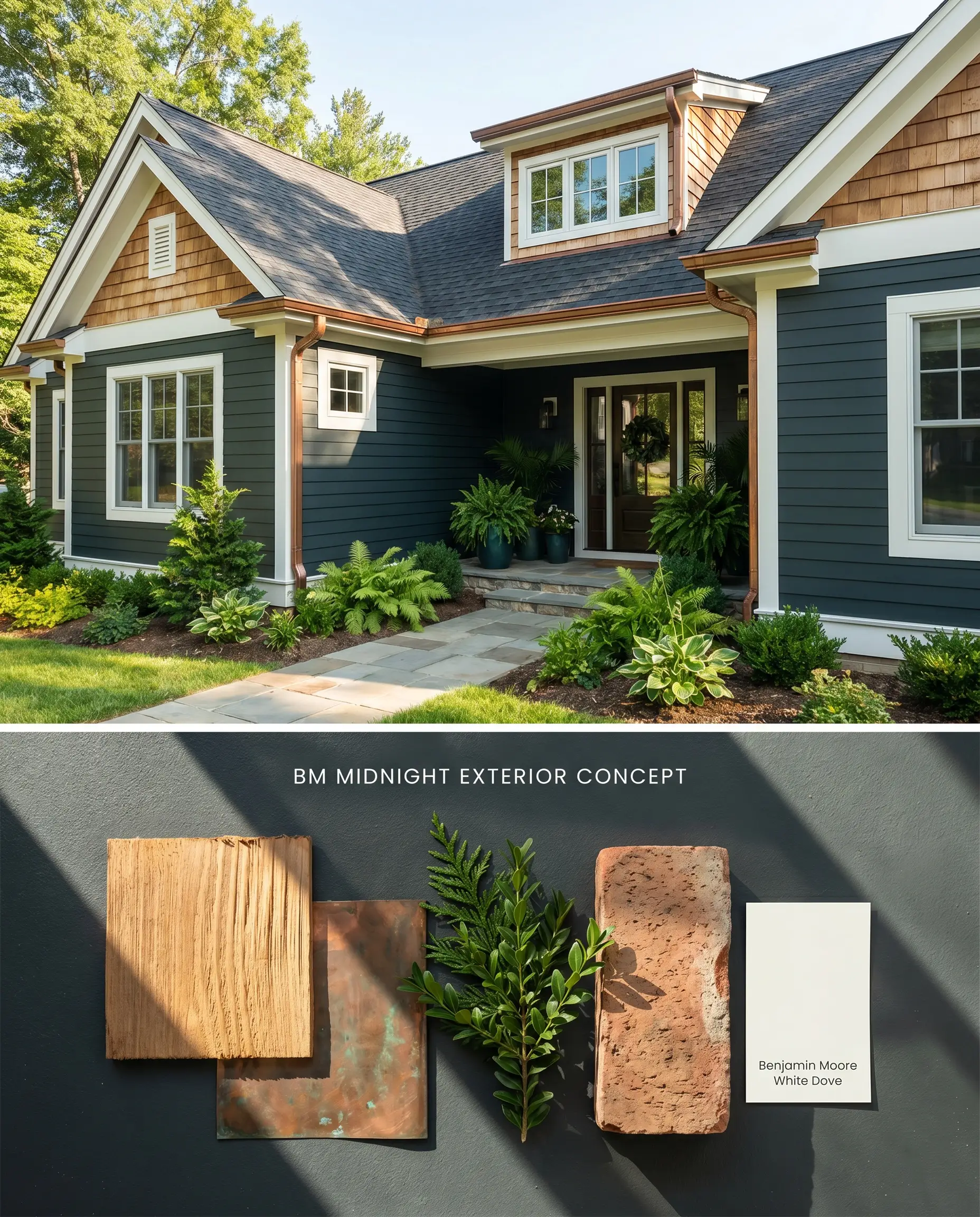A split digital conceptual board for an exterior facade featuring charcoal base siding above and a textured flat-lay of cedar shake and copper below.