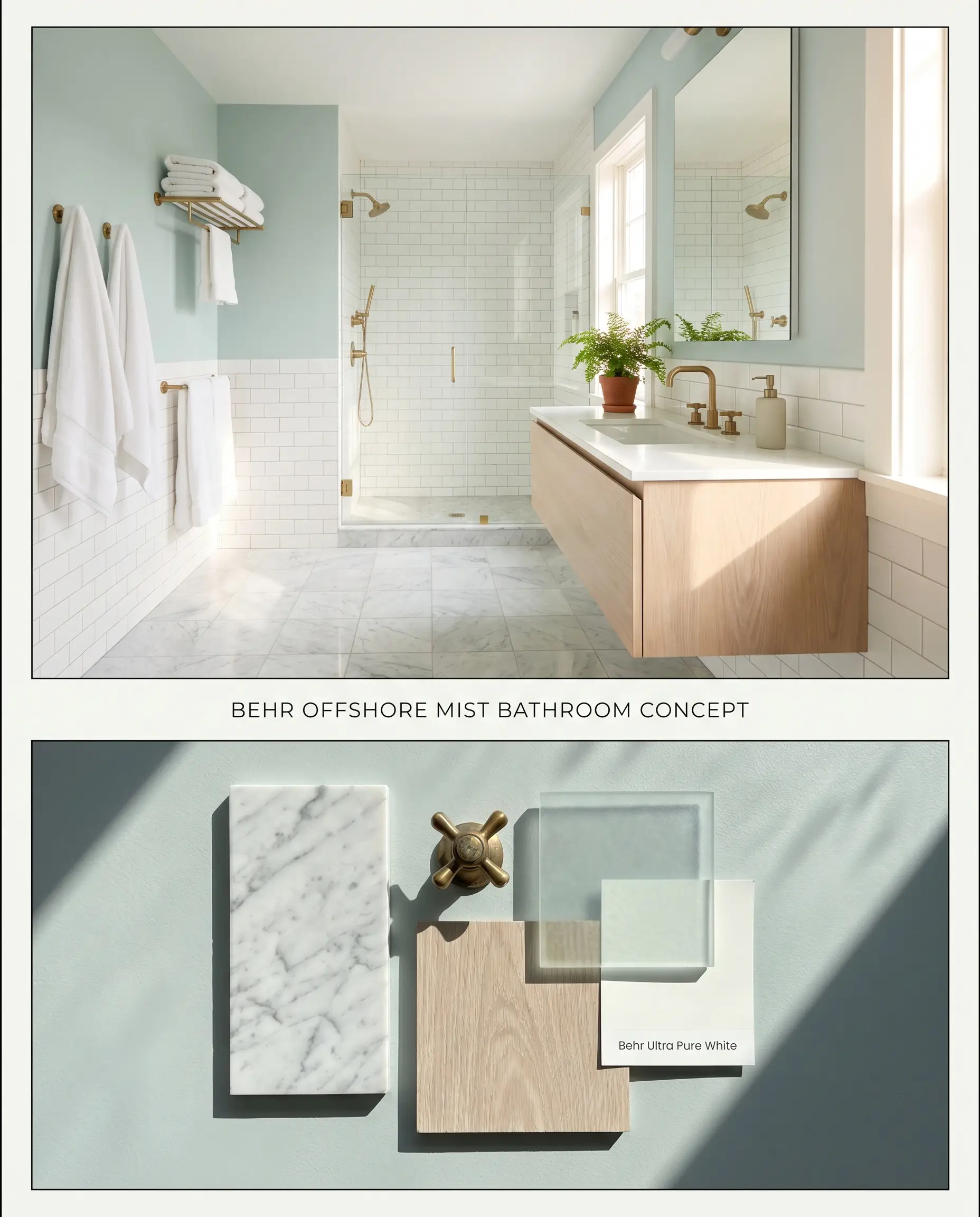 A split digital conceptual board for a bathroom, showcasing a coastal blue washroom with Carrara marble above and a tactile material flat-lay below.