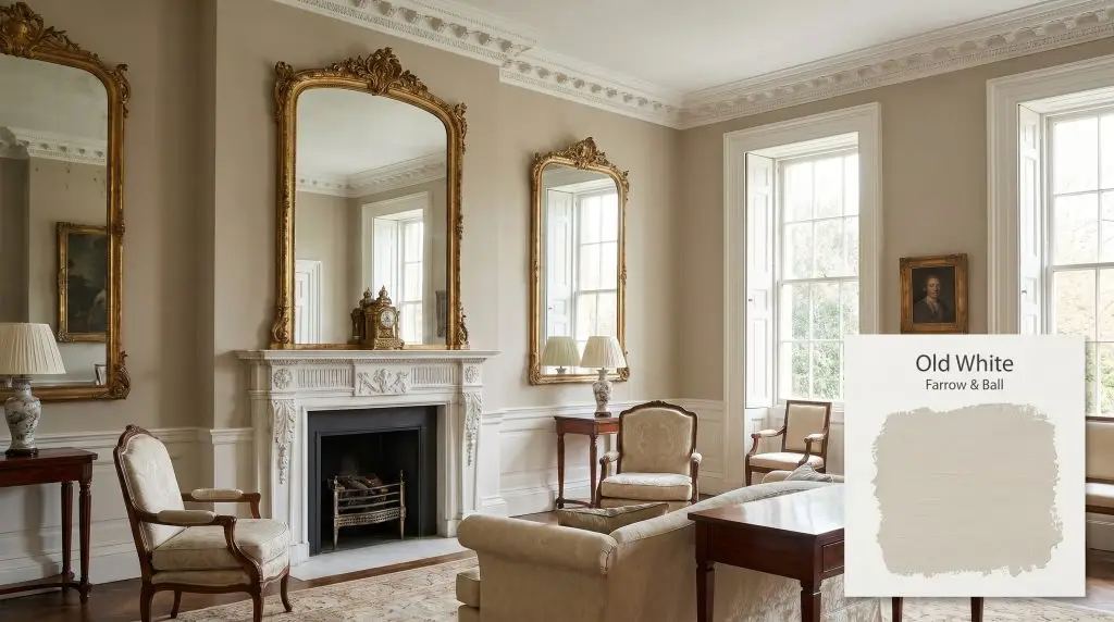Intricate crown molding, an ornate marble fireplace, and antique gilded mirrors define a refined drawing room coated in Old White (Hex #c7bfab).