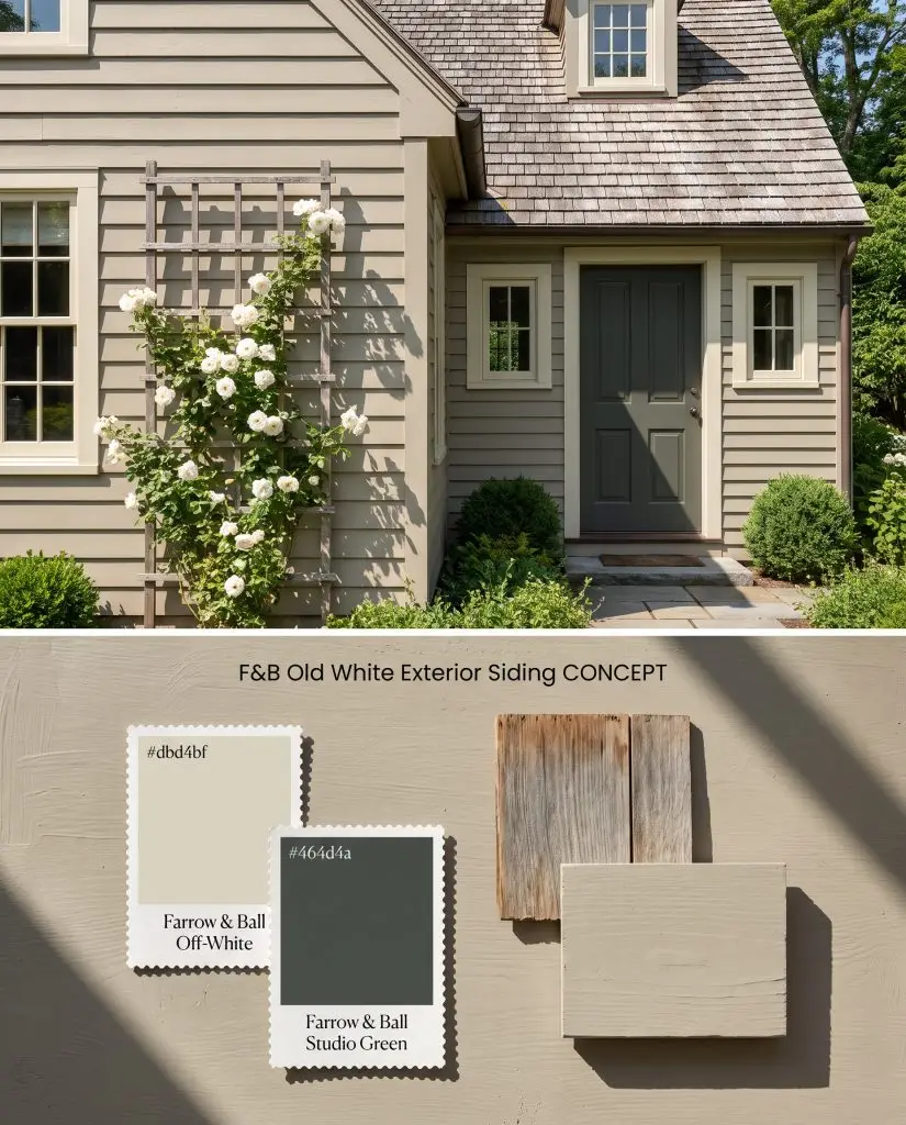 A split digital visualization showing a pale grey-green house exterior above a tactile arrangement of weathered cedar shingles and painted clapboard.