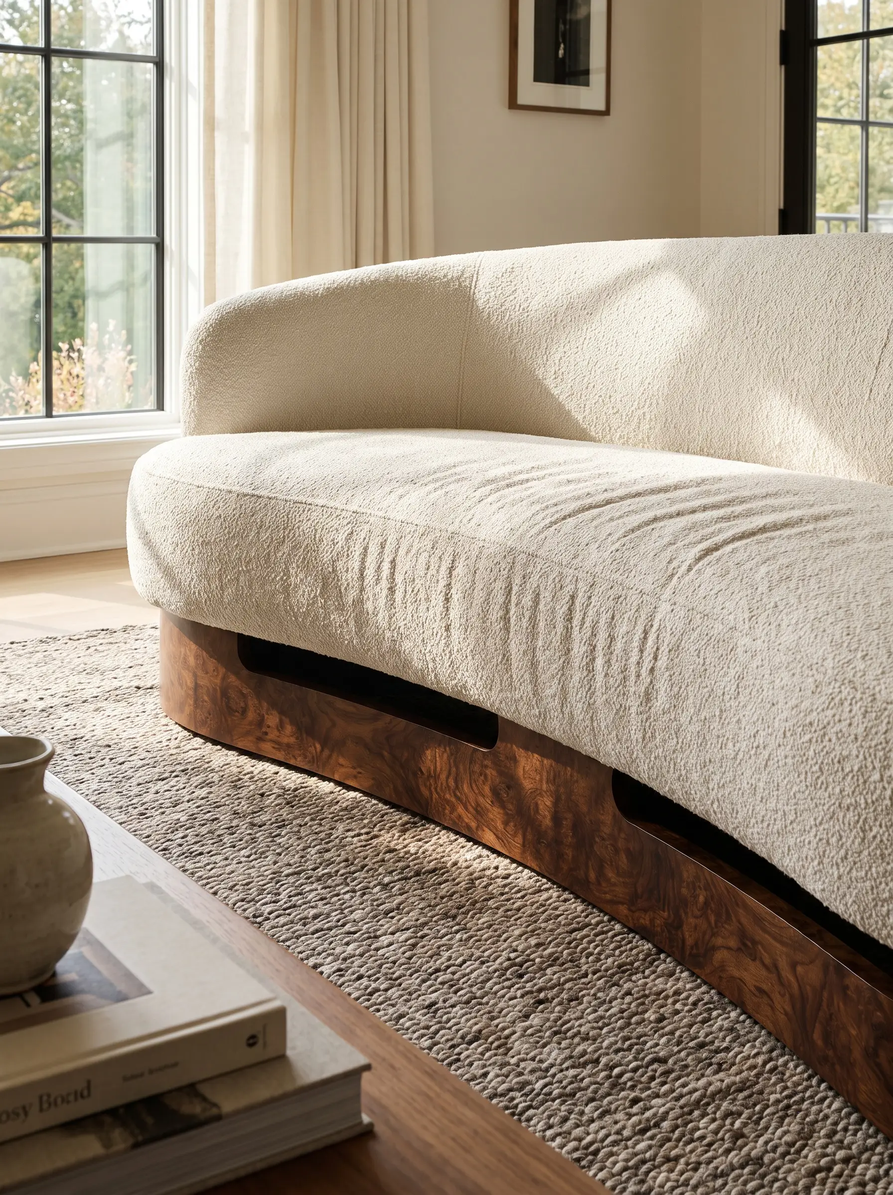 A heavy curved upholstered sofa features a recessed olive burl wood plinth base that creates a deep shadow line over a textured area rug.